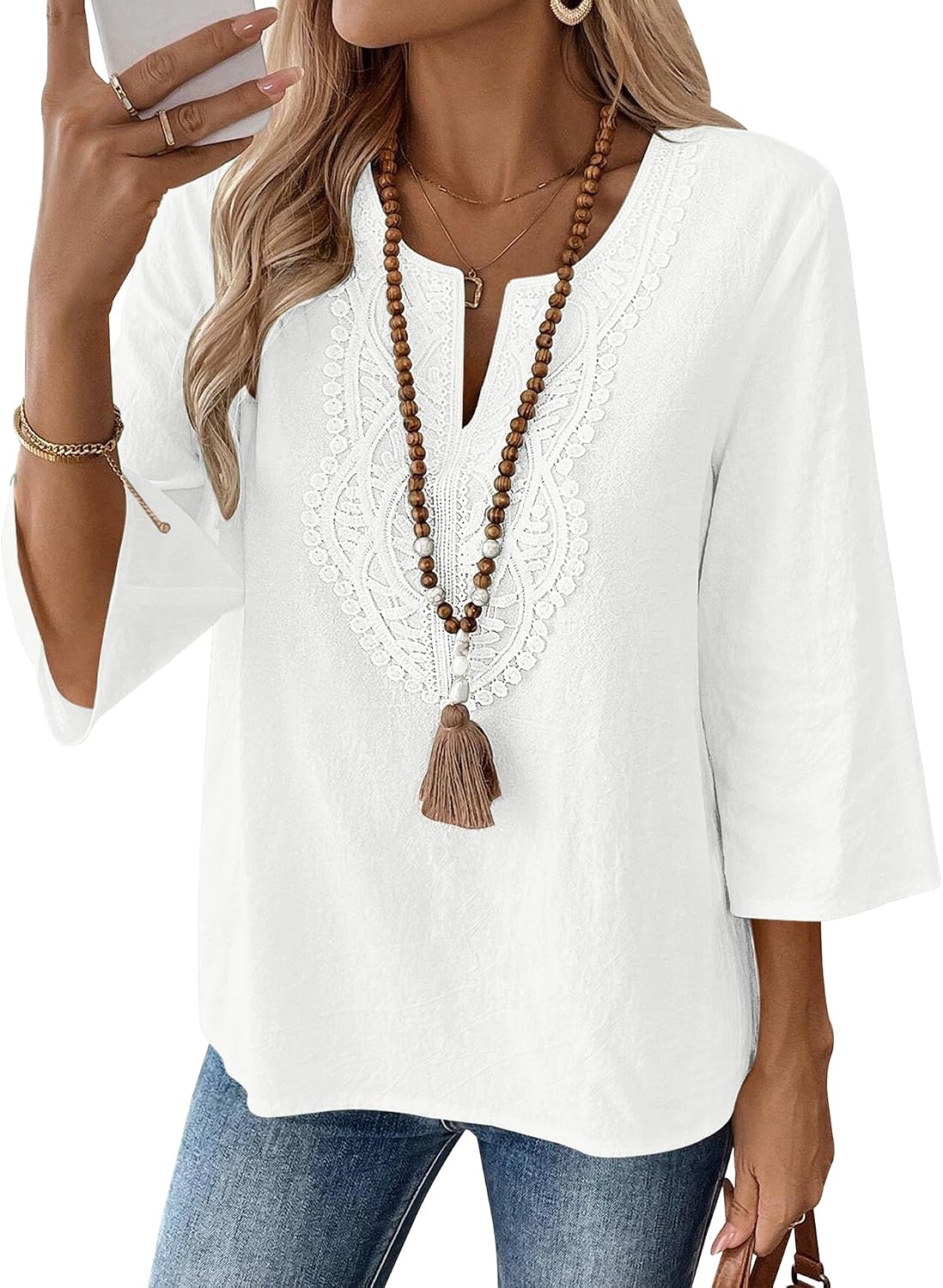 Detalle de Lomon Womens Cotton Linen 3/4 Sleeve V-Neck Lace Casual Loose Fit Blouse