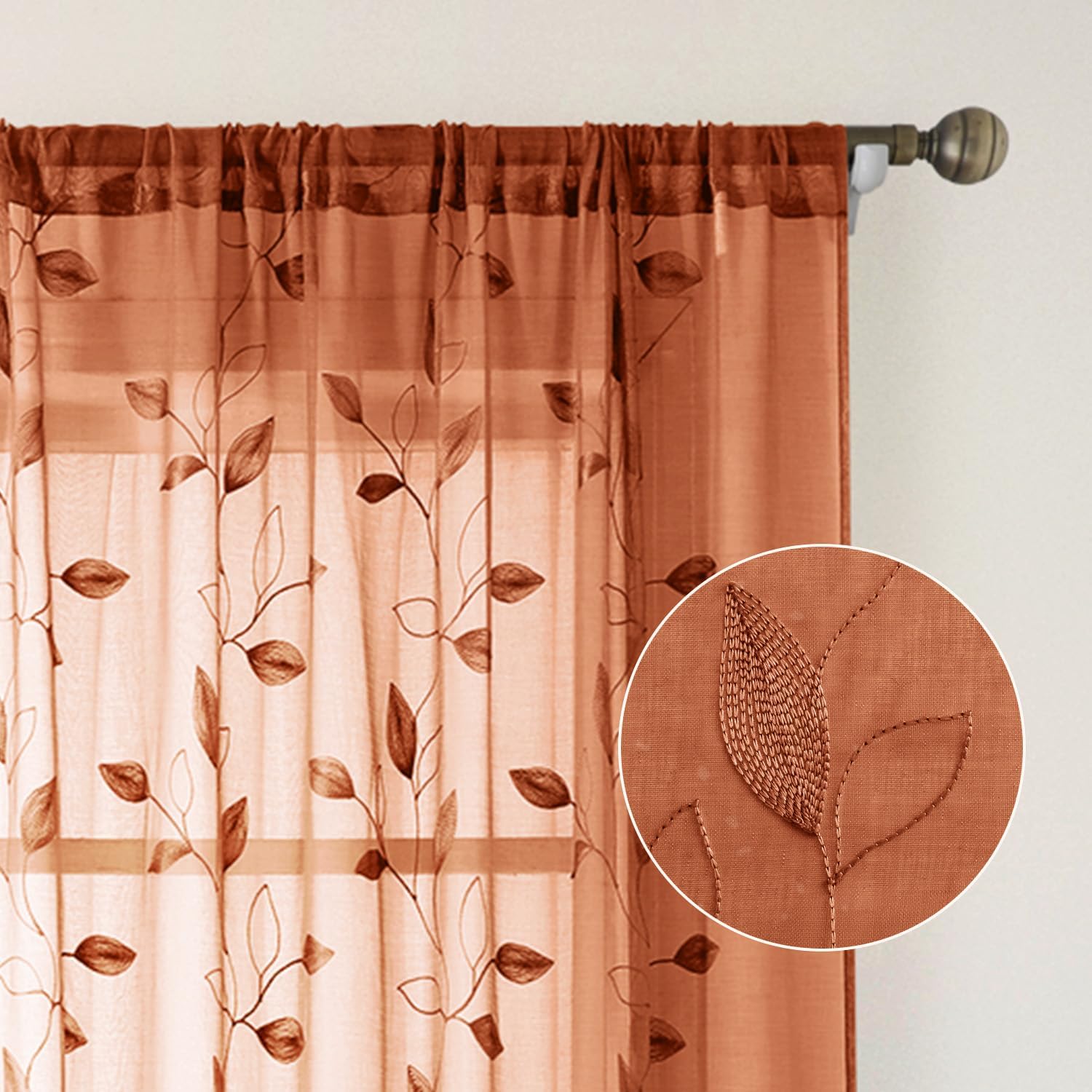 Thumbnail 6 de HOMEIDEAS Burnt Orange Sheer Curtains, Floral Embroidery, 52 x 63 Inches, 2 Panels