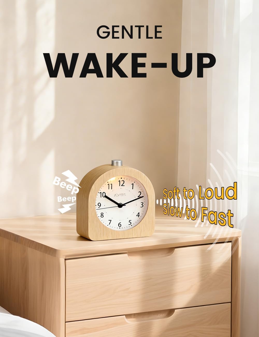 Detalle de aboveClock S01-A analoge houten wekker met sluimerfunctie en nachtlicht