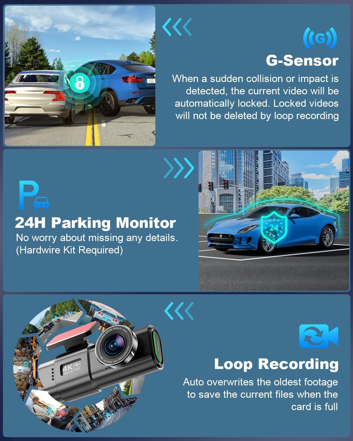 Thumbnail 6 de 4K Dash Cam Front and Rear with 64GB SD Card – Dual Channel, WiFi App Control, Night Vision & Parking Mode