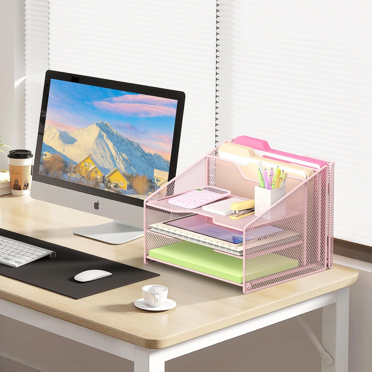 Detalle 2 de Samstar SS-00135 Pink Mesh Desk Organizer with 3 Trays and 2 File Sections