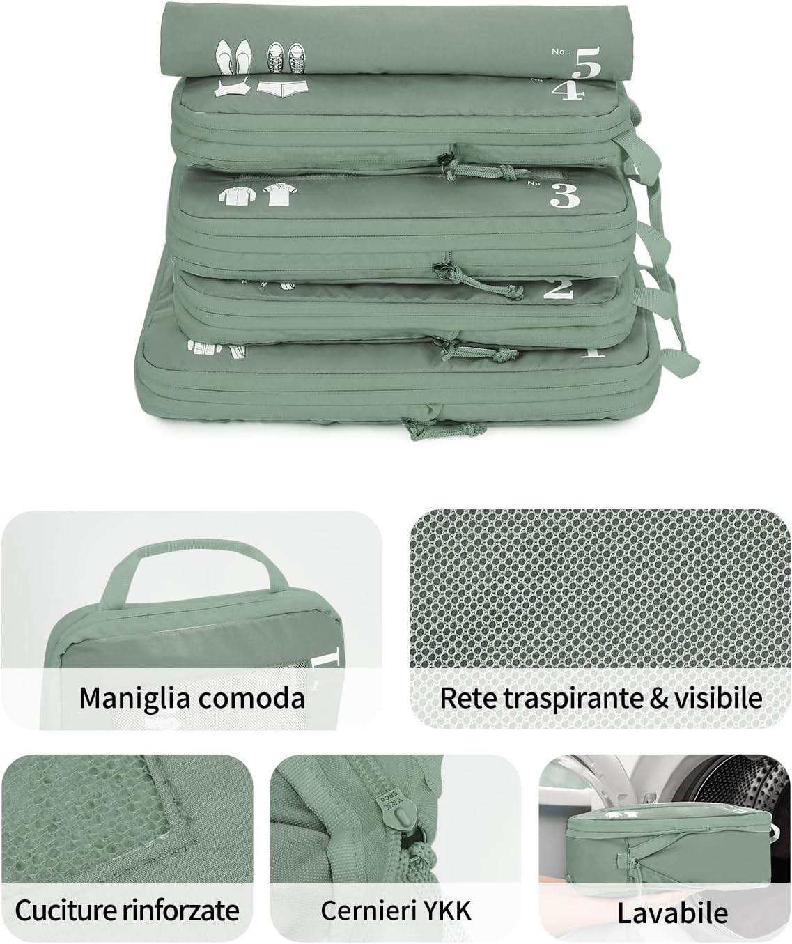 Thumbnail 6 de ECOHUB set 5 organizer valigia compressibili con scomparto extra e sacchetti travel esssentials (verde)