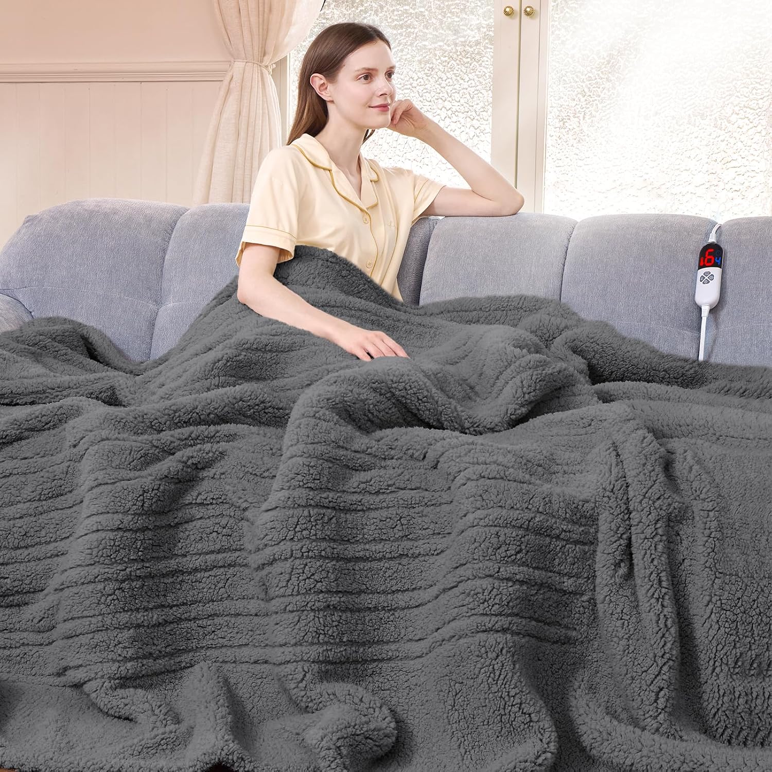 Detalle de LUZARTA Full-Size Heated Blanket, 72" x 84", Sherpa, 6 Heat Levels