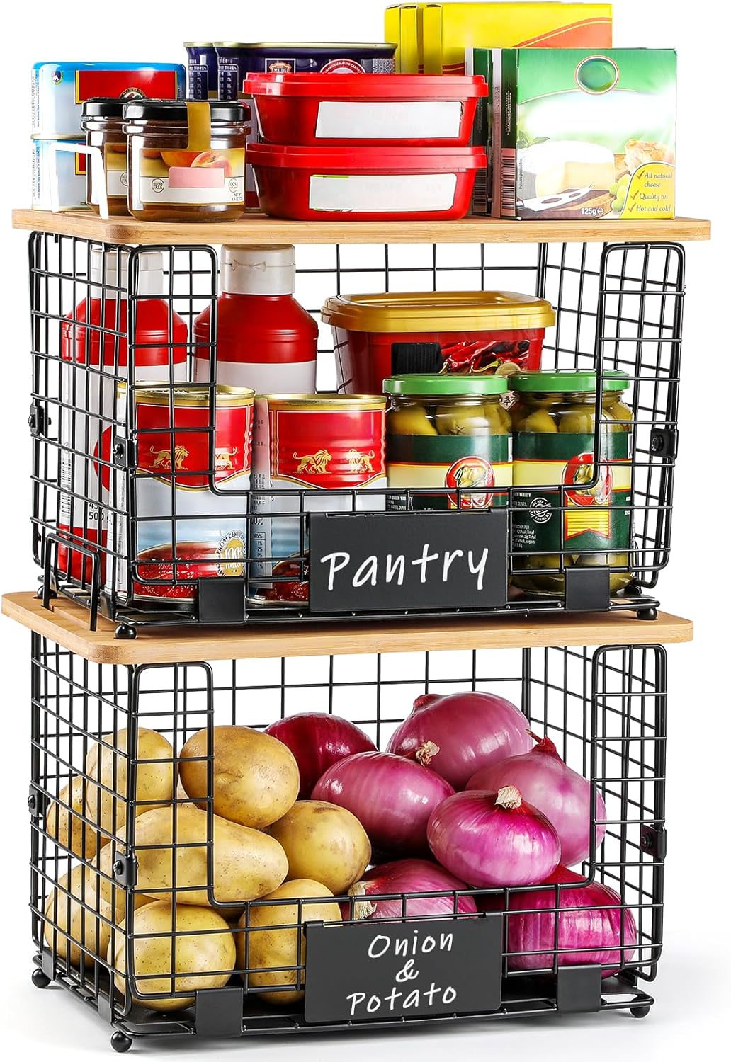 Thumbnail 6 de 2 Set XL Stackable Wire Basket with Bamboo Tops & Tags – Pantry Organizer and Storage Bins