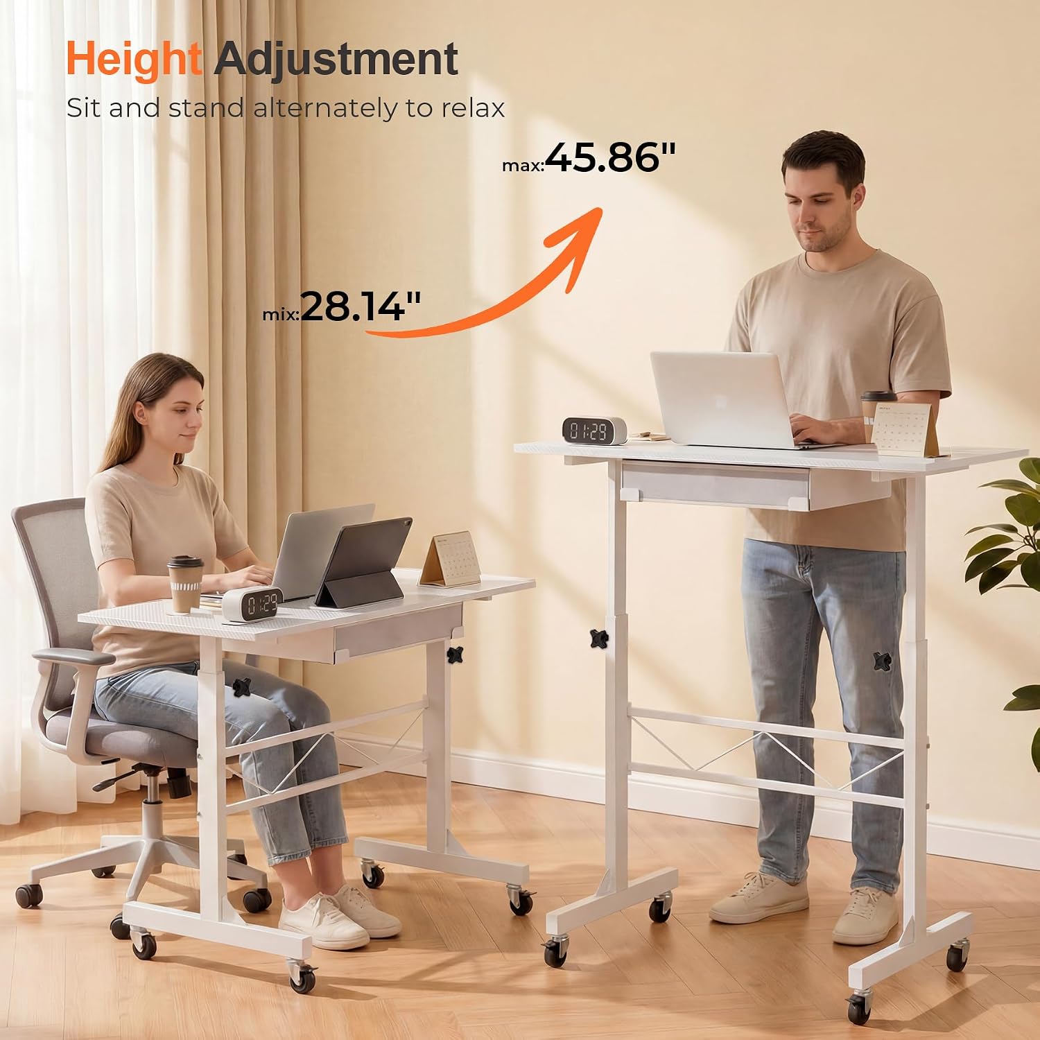 Thumbnail 5 de COMHOMA CO-DH004 Small Standing Desk with Drawer, 4 Heights and Lockable Wheels