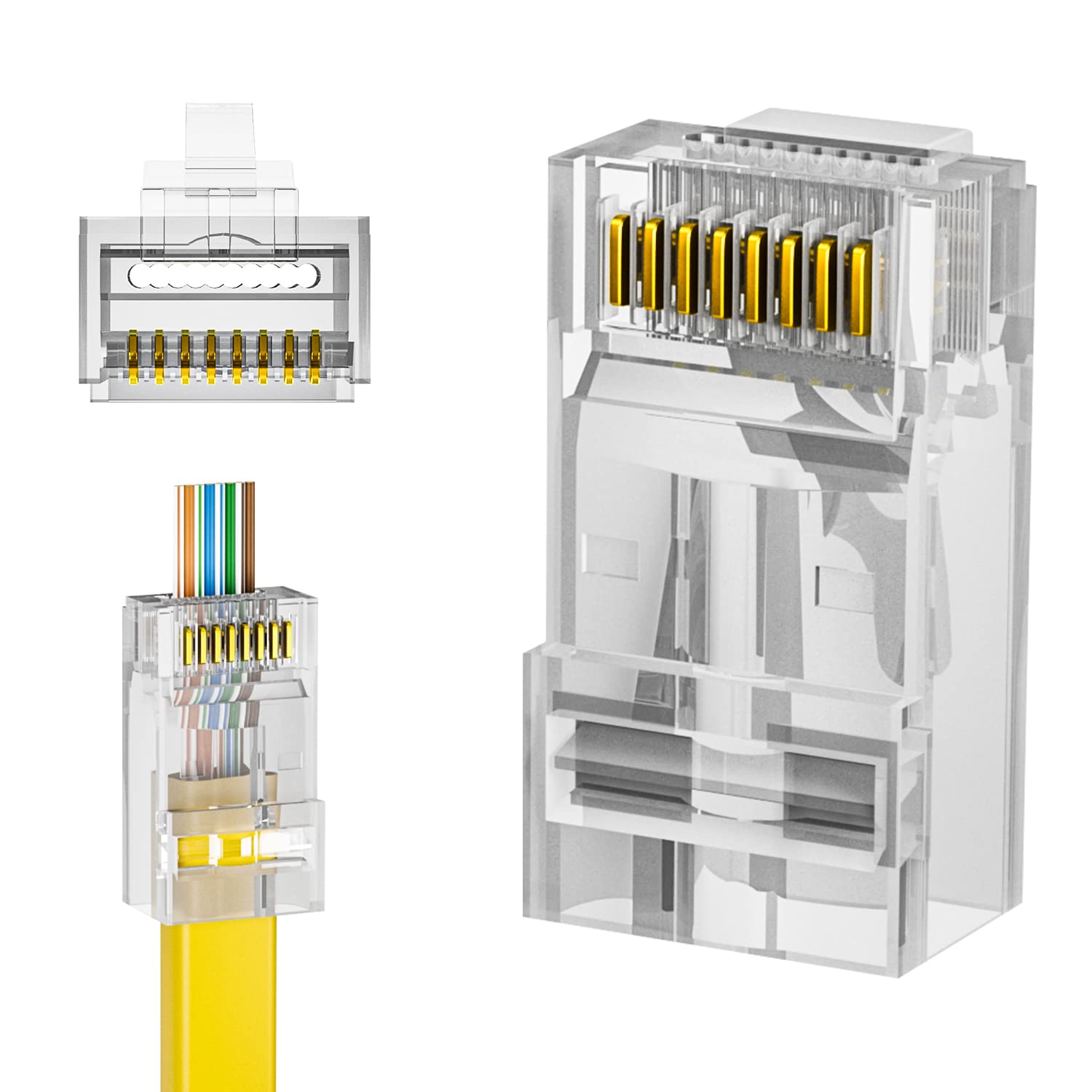 Detalle de iwillink 100-Pack RJ45 Cat6 Pass Through Connectors (Gold Plated)