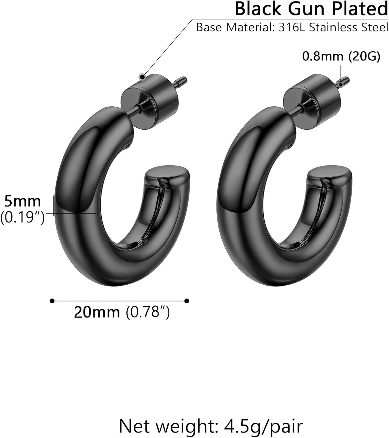 Thumbnail 2 de PROSTEEL Boucles d’oreilles femme en anneaux ouverts noir/plaqué or acier inoxydable 20/30/40/60/80 mm