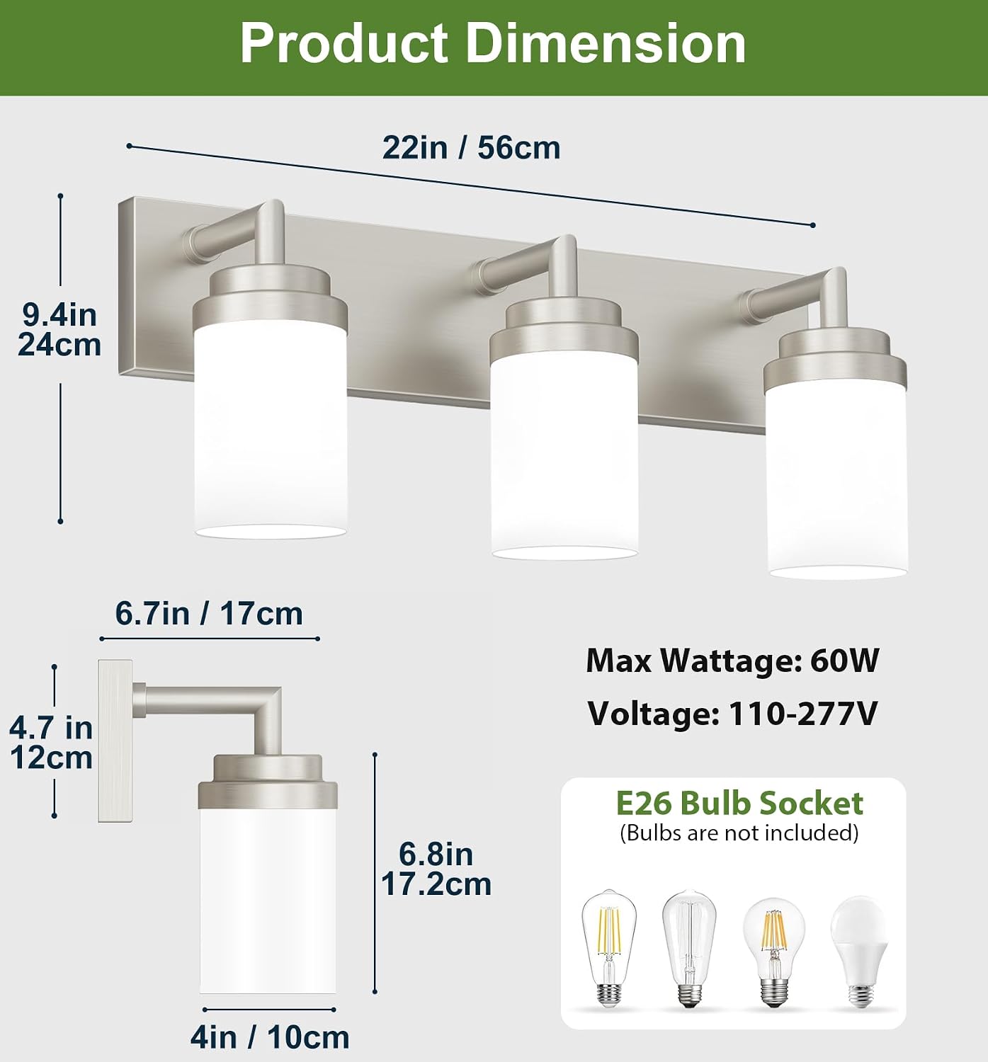 Detalle 2 de LKHF Vanity light 3-Light Bathroom Vanity Fixture, Brushed Nickel, White Glass