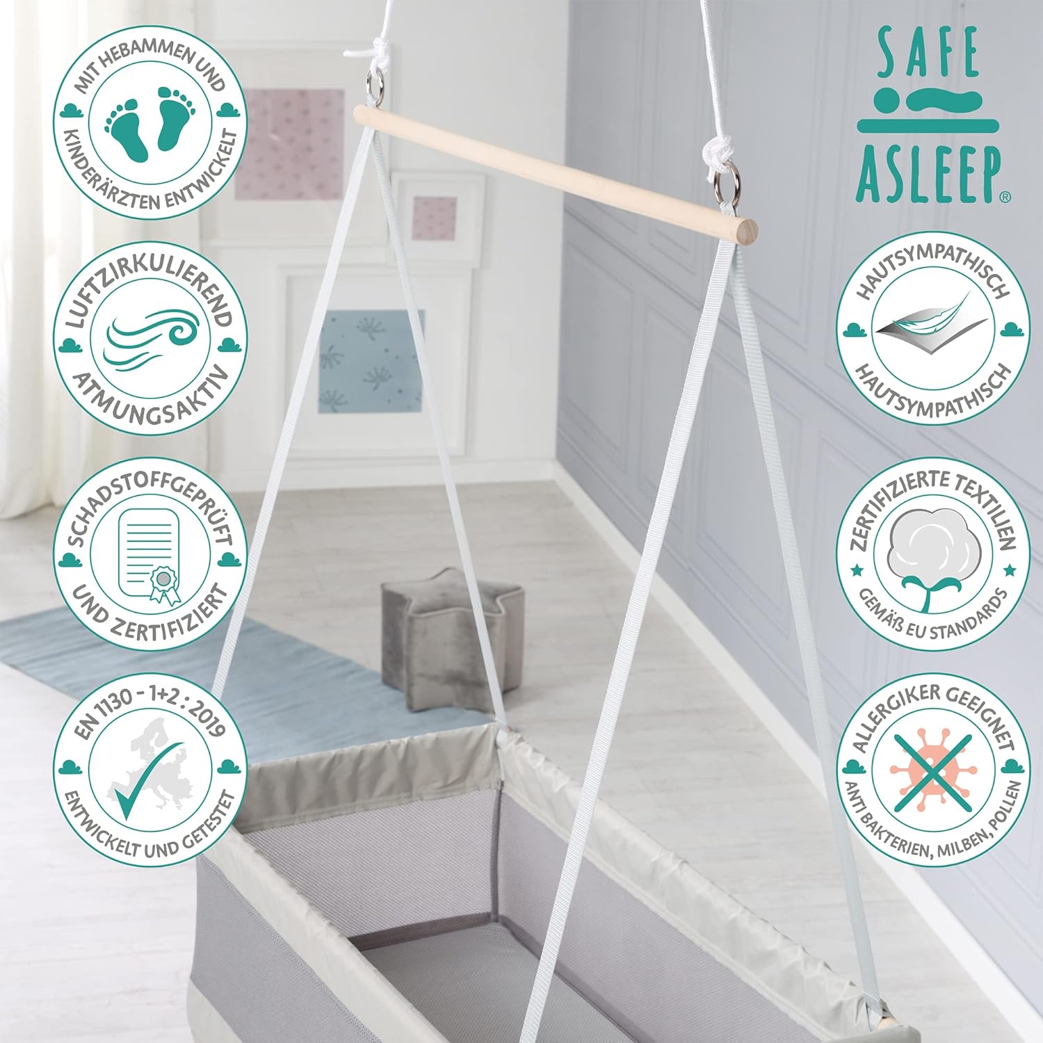 Detalle de roba Hängebettchen 'Safe Asleep' 90 x 45 cm – atmungsaktives Babyhängebett mit Mesh-Seiten
