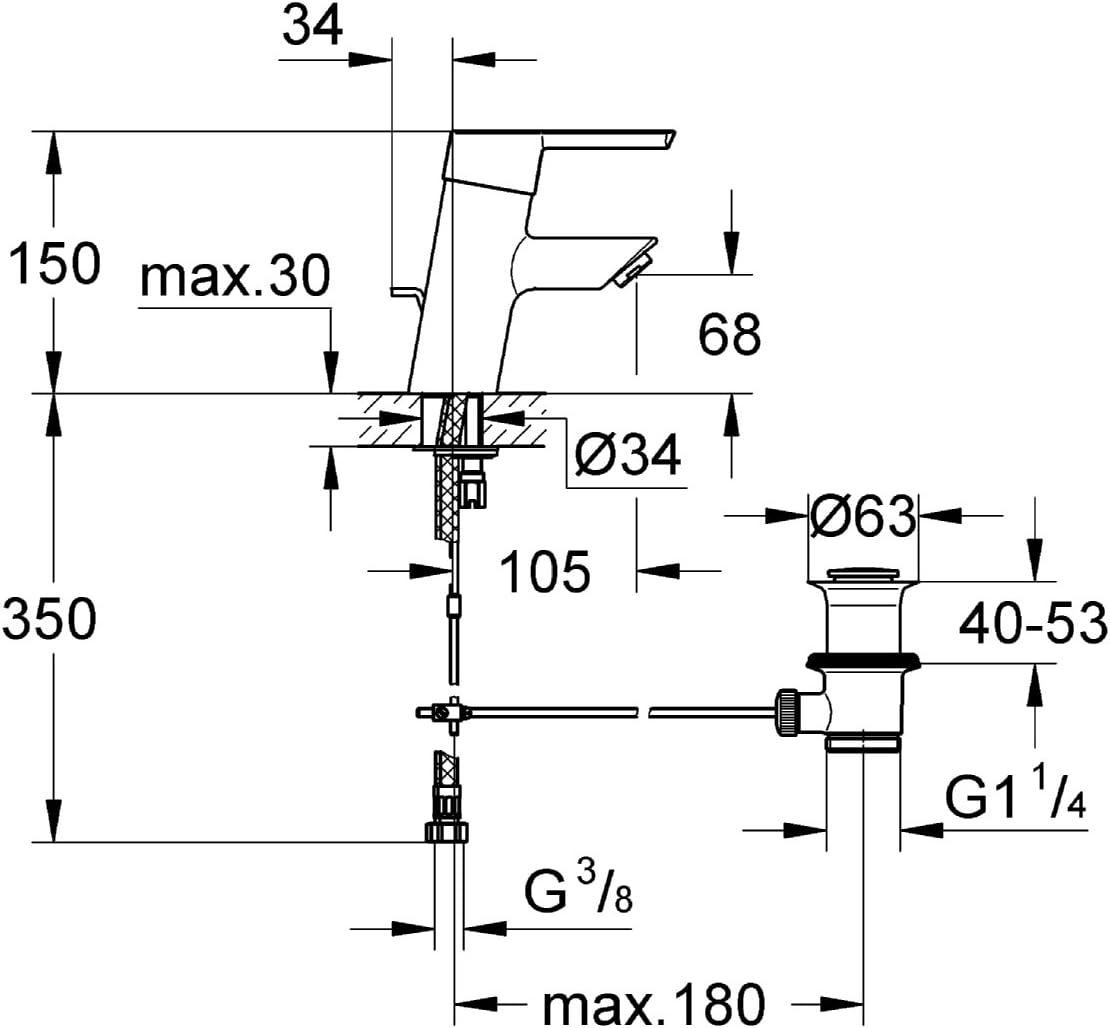 Thumbnail 2 de GROHE Robinet de salle de bains lavabo Feel – tirette, bonde clic clac incluse, mousseur économique, chrome