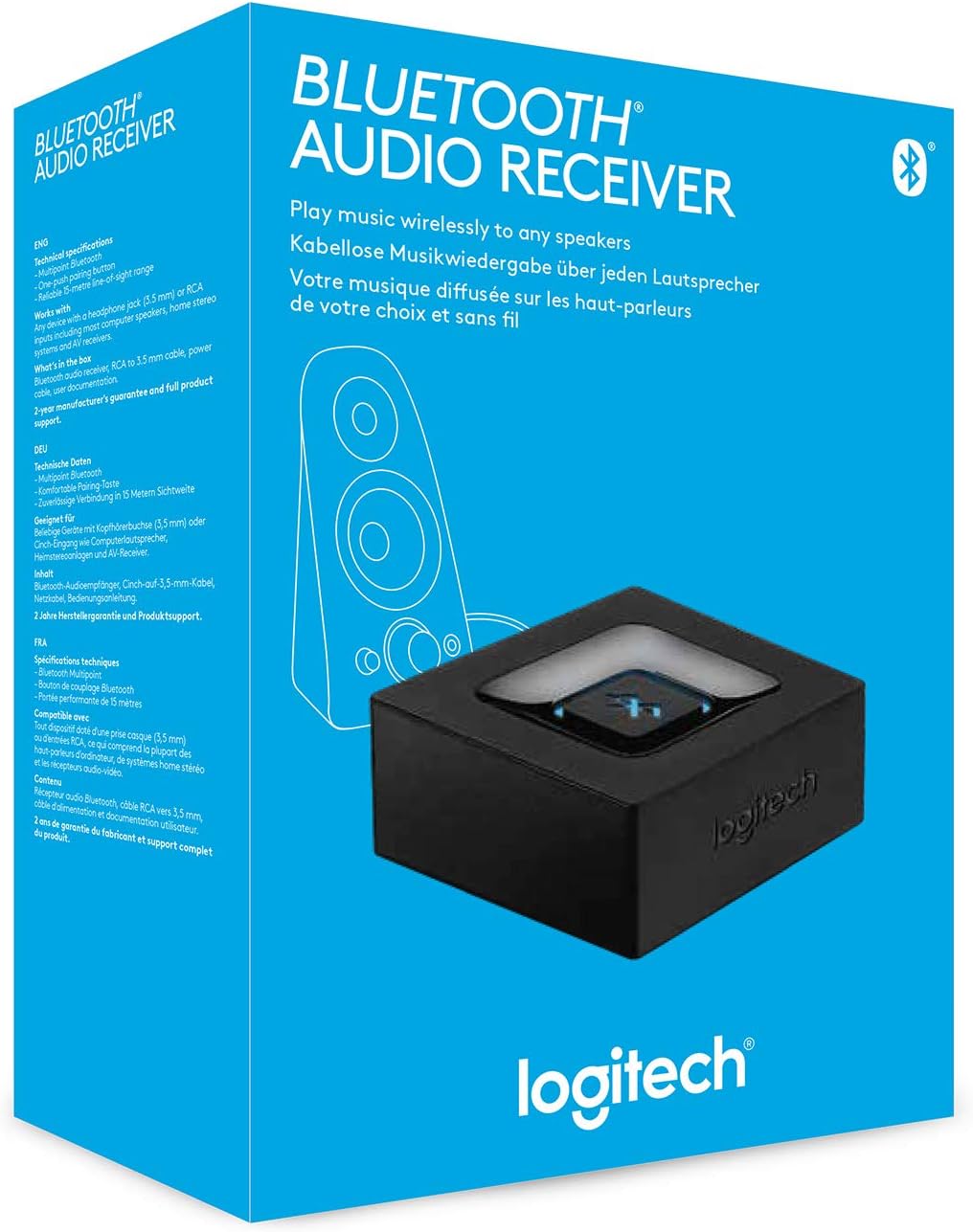 Detalle 2 de Logitech kabelloser Bluetooth Audio-Empfänger mit Multipoint, 3,5-mm- & Cinch-Eingang (EU-Stecker) – Schwarz