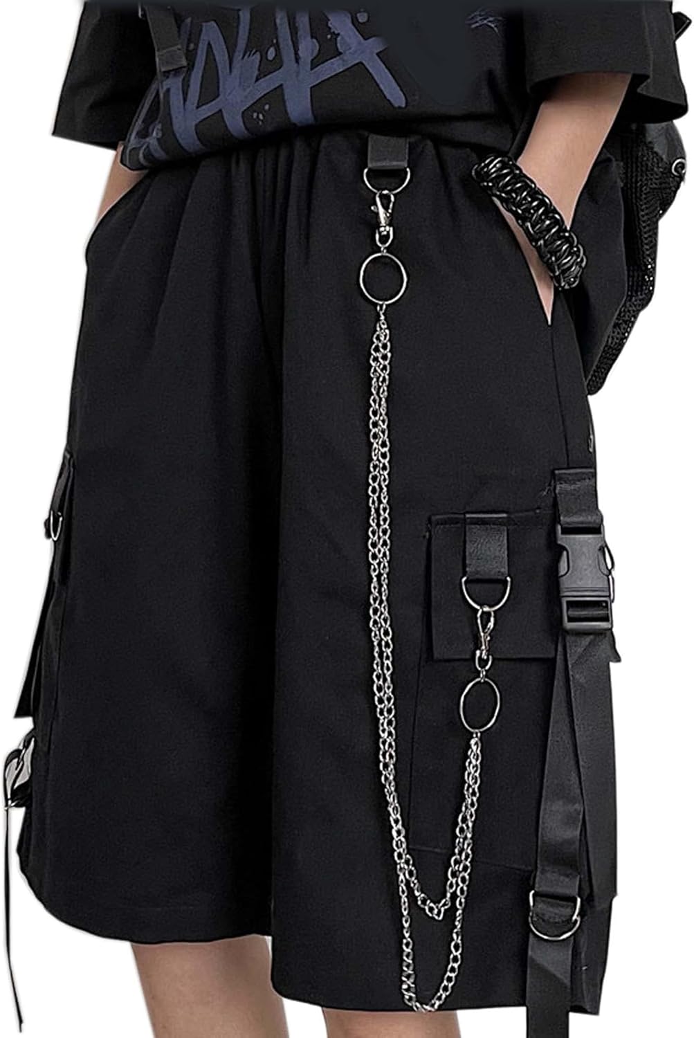 Detalle de MEINVQIAOTI Schwarze Cargohose Damen – Street Harajuku mit Ketten, locker & gerade