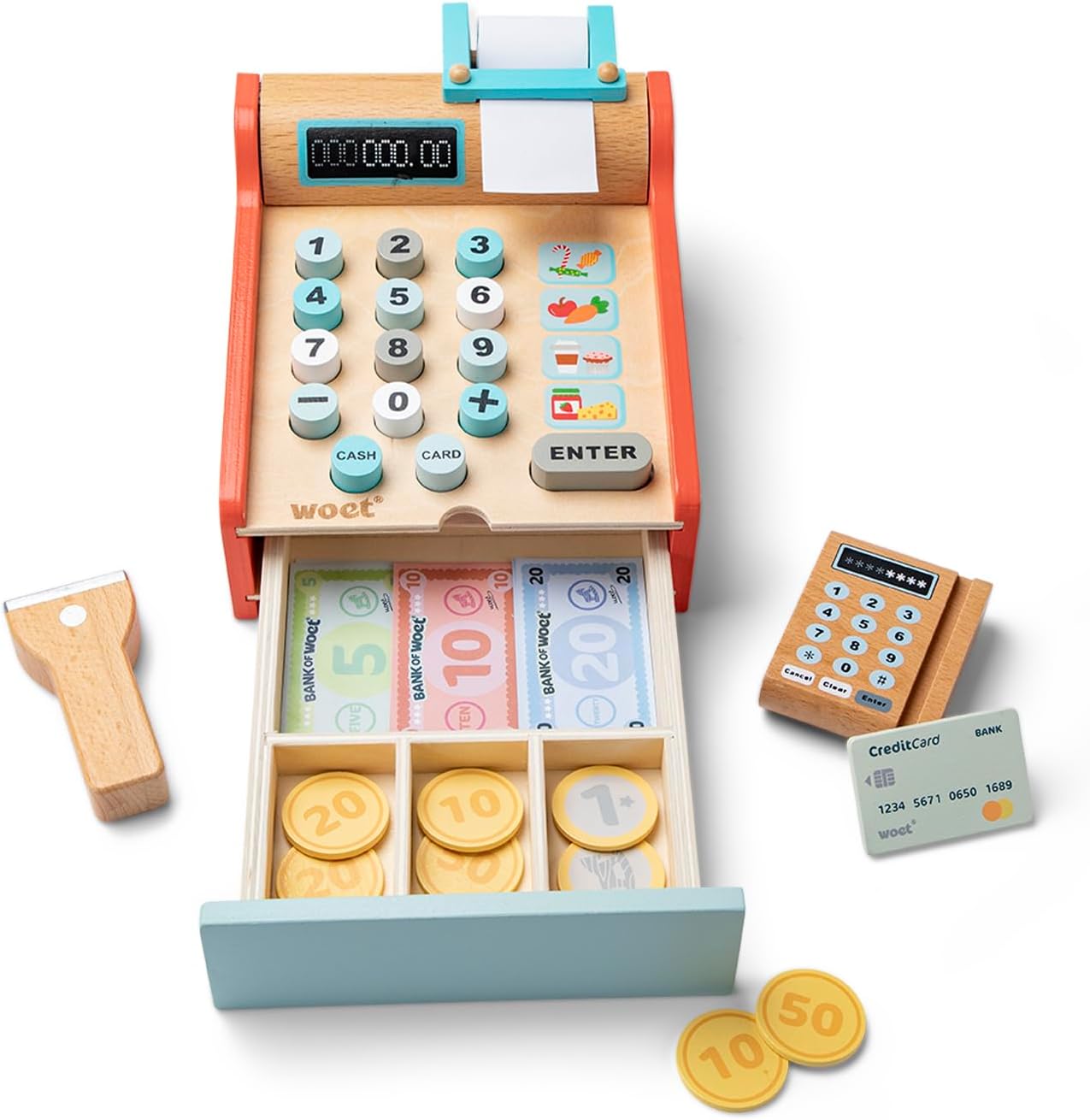 Detalle de New Classic Toys 10650 – drewniana kasa sklepowa z monetami i banknotami