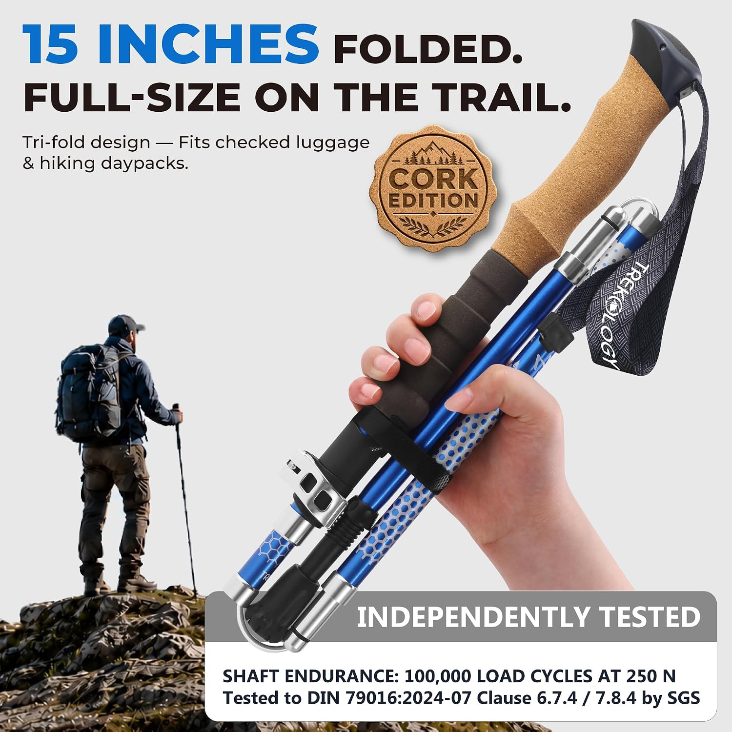 Thumbnail 1 de TREKOLOGY Trek-Z Folding Trekking Poles, Adjustable Aluminum, Cork Blue
