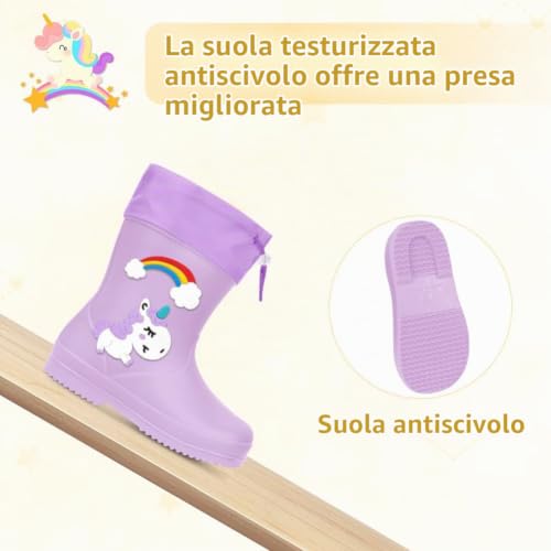Detalle 1 de Aomig stivaletti da pioggia per bambini EU 24-25 in PVC, unicorno viola