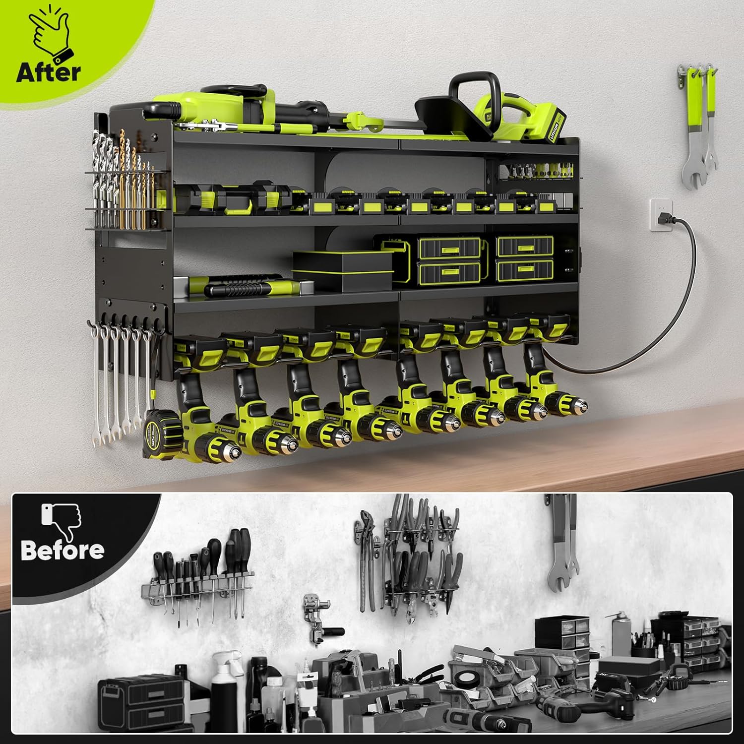 Thumbnail 5 de POKIPO Large Power Tool Organizer Wall Mount with Charging Station (4-Layer Metal Tool Storage Rack)