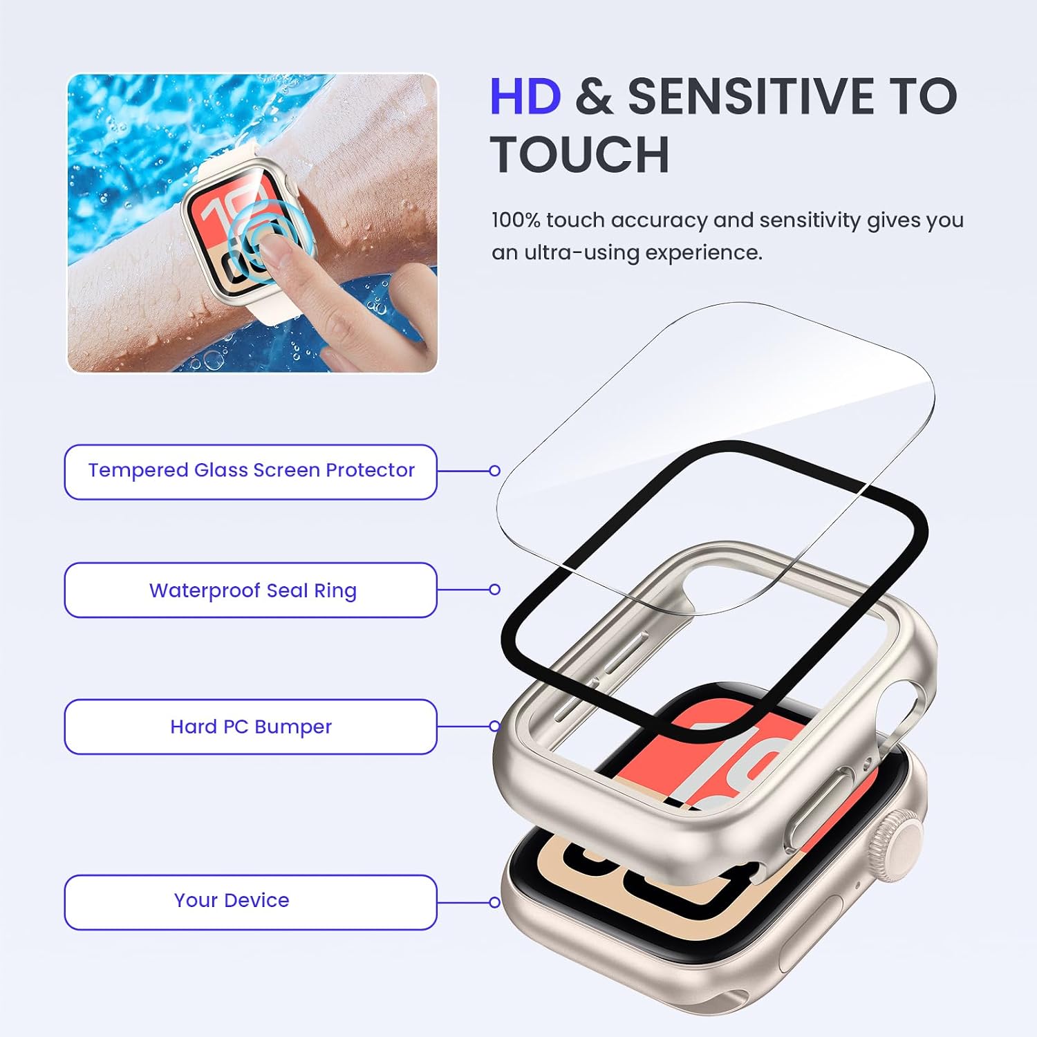 Detalle de Kamita Waterproof Case for Apple Watch 40mm SE/6/5/4 with Built-in Tempered Glass – Starlight