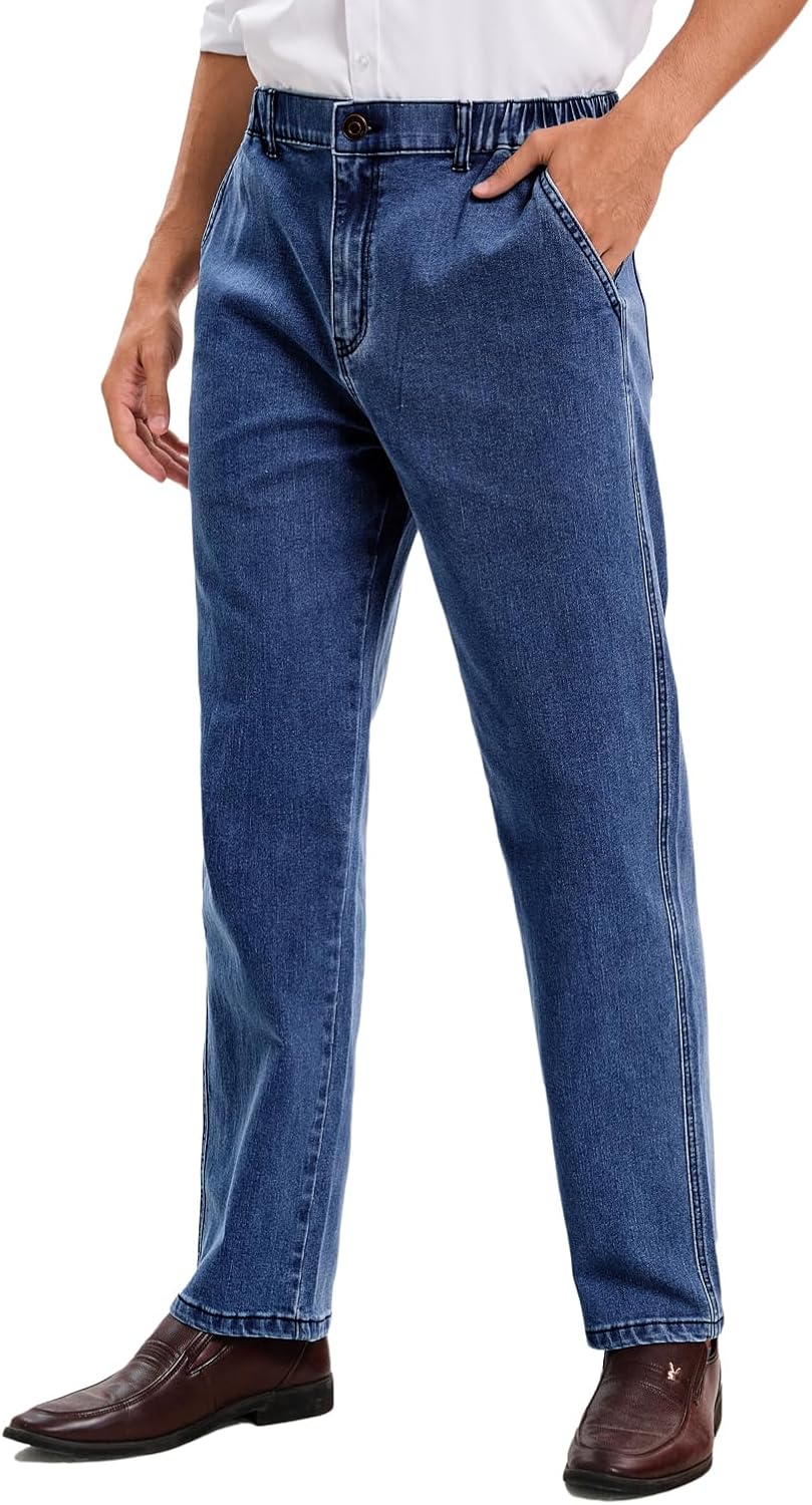 Thumbnail 1 de Voeeron Men’s Elastic Waist Relaxed Fit Jeans with Zipper & Button