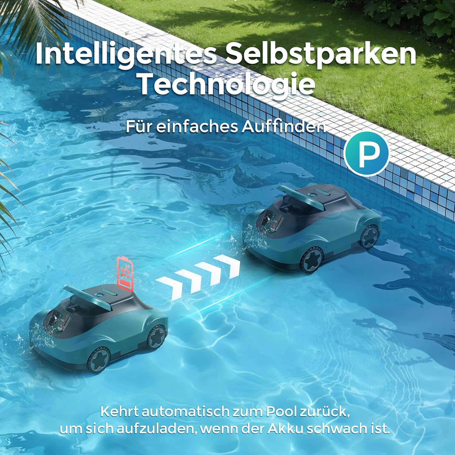 Detalle 2 de Poolroboter Kabelloser Akku-Poolsauger C5 – 180 Min Laufzeit, starke Saugkraft, intelligenter Navigationssensor