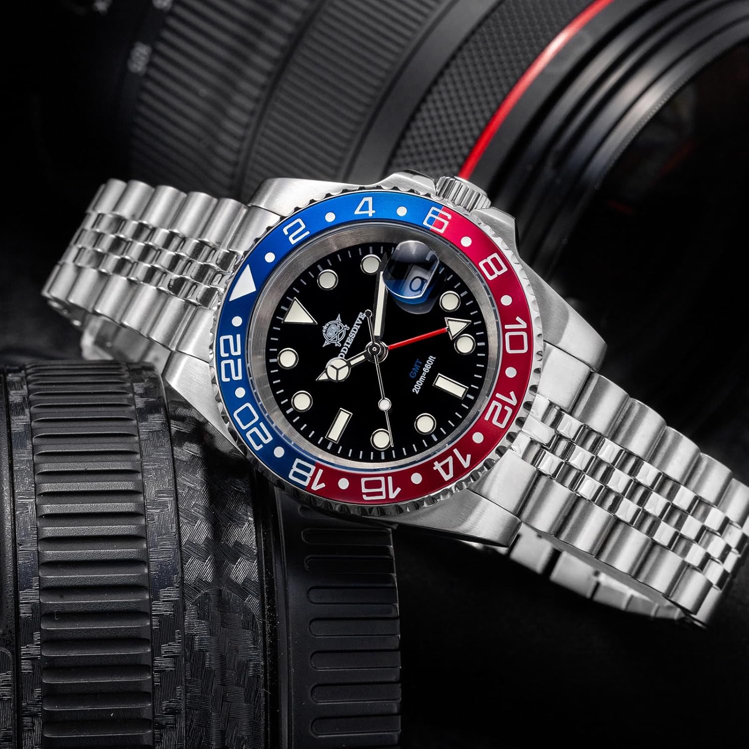 Detalle de ADDIESDIVE GMT Orologio da Uomo Diver 200M, Quarzo Svizzero 515-24H, Acciaio Inossidabile, GMT a Doppel Zeitzone