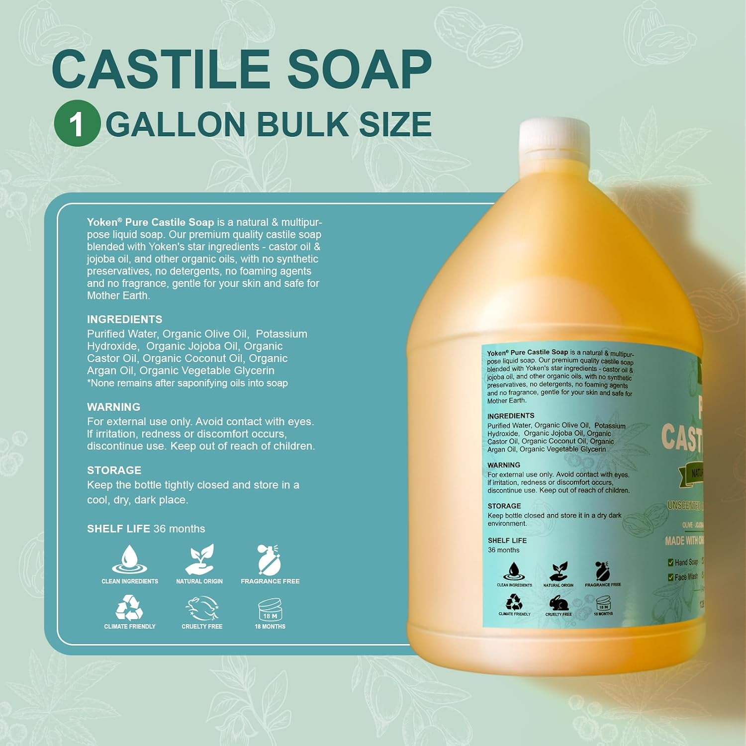 Thumbnail 6 de Yoken Pure Castile Liquid Soap 128 Oz Unscented – Multi-Purpose, Gentle & Cruelty-Free