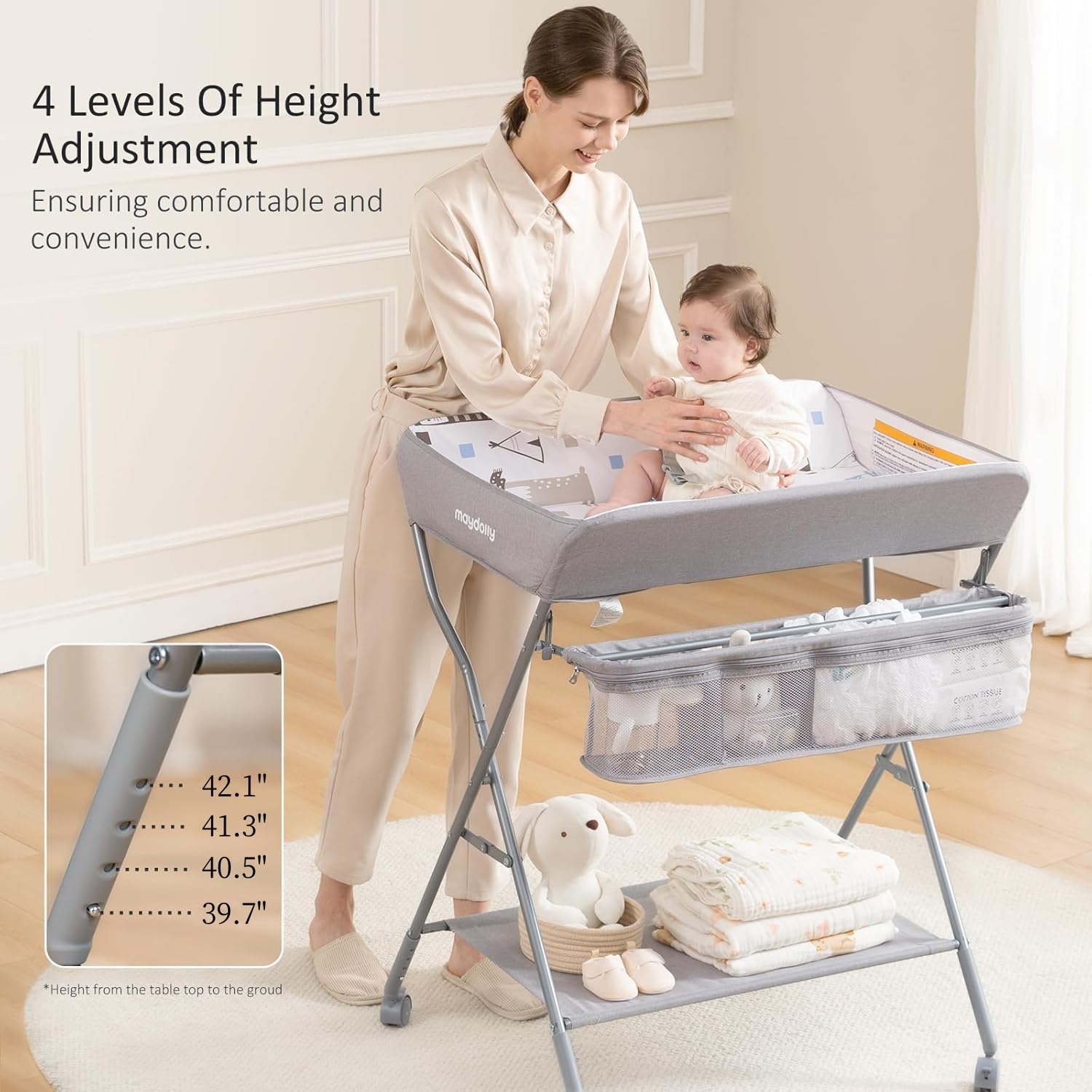 Detalle 2 de Maydolly Baby Changing Table with Wheels, Adjustable Height, Folding Light Gray