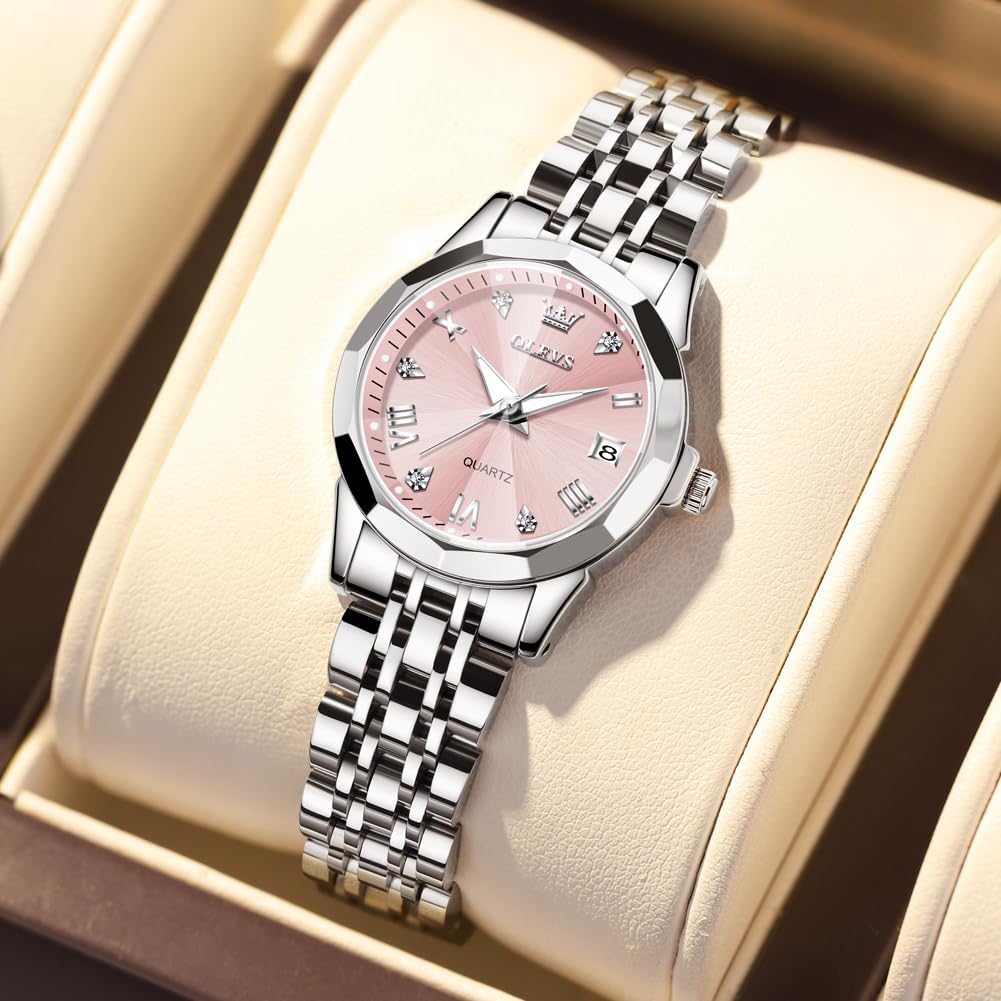 Detalle de OLEVS Damenuhr Quarz mit Diamant-Indexen, Edelstahlarmband, 30m Wasserdicht – Geschenkqualität
