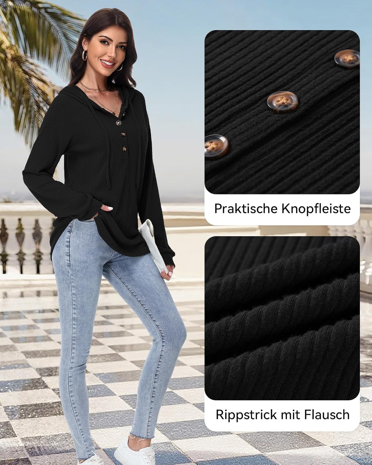 Thumbnail 2 de Tanmolo Damen Hoodie-Pullover mit Kapuze, V-Ausschnitt und Knopfleiste – leichter Strick für Alltag & Übergangszeit