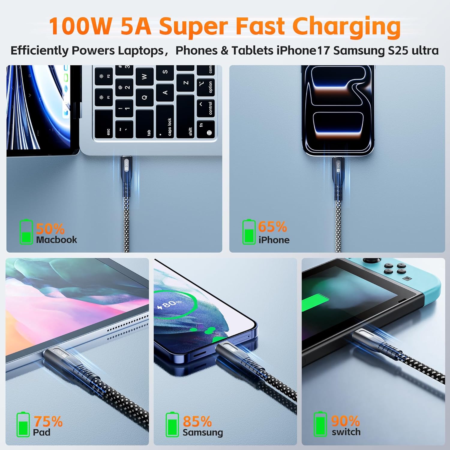 Thumbnail 3 de Amuvec 100W USB C Multi Charging Cable 3-in-1, Nylon Braided PD 3.0 with E-Mark – 1.2m