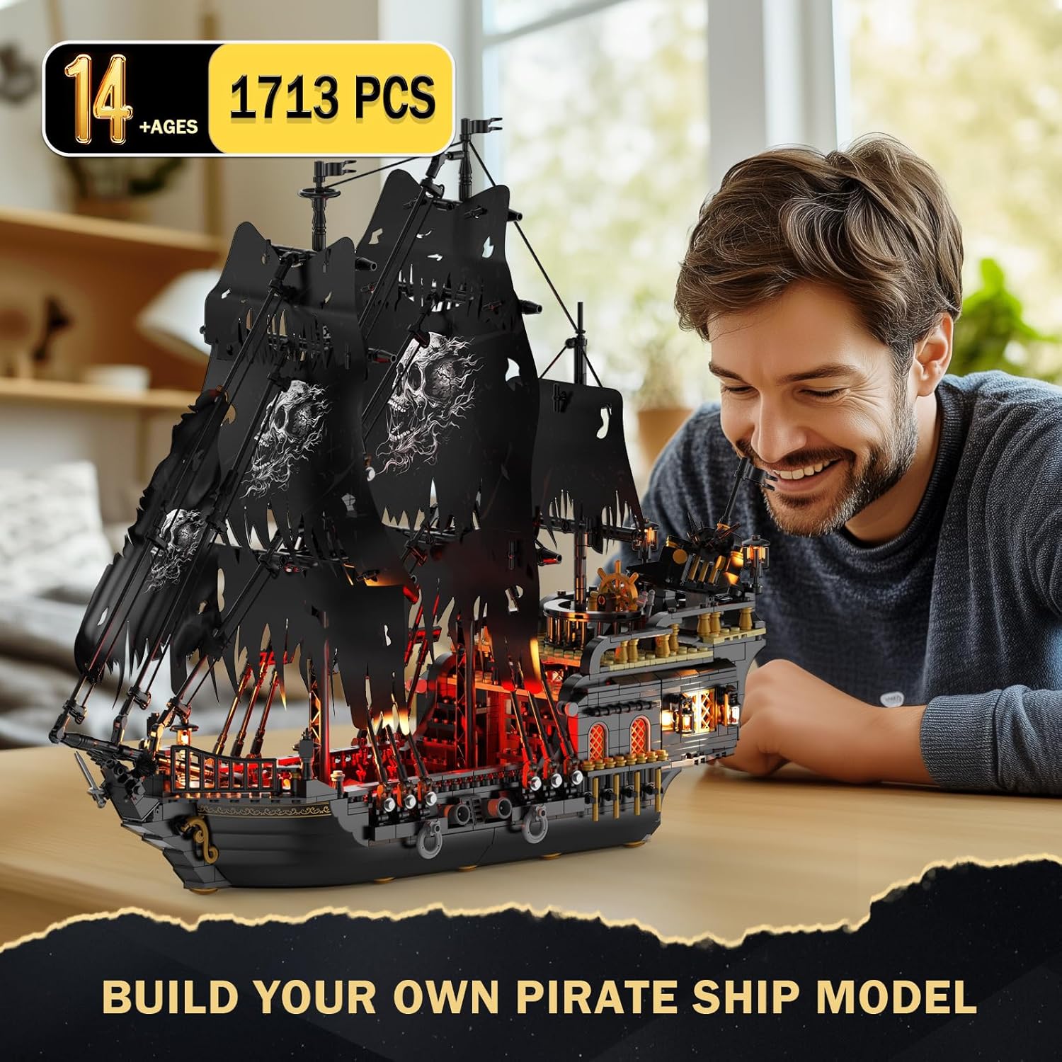 Detalle de JMBricklayer Pearl Pirate Ship with Lights (1713 PCS) — Black Ship Model Kit 40002