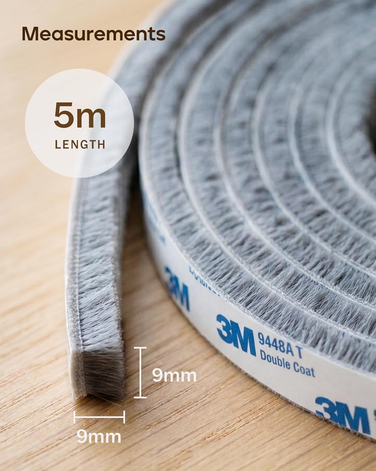 Thumbnail 2 de HNNHOME Draft Excluder for Doors – Self-Adhesive 5 Metre Brush Seal (Grey, 5M x 9mm x 9mm)