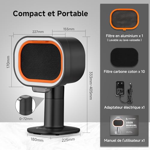Thumbnail 1 de AMZCHEF hotte aspirante portable avec hauteur télescopique et inclinaison 40°, 4 modes, filtre en aluminium — Noir