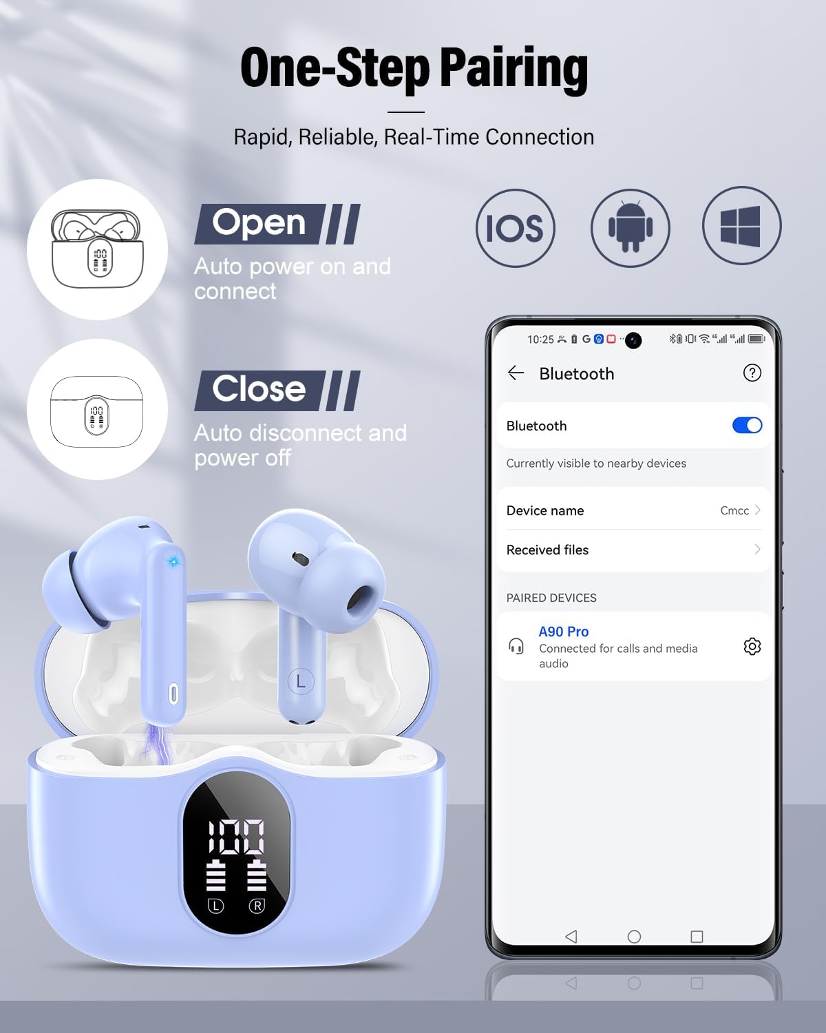 Thumbnail 4 de Wireless Earbuds with Bluetooth 5.4, IP7 Waterproof, ENC Noise Reduction, LED Display – Pale Blue