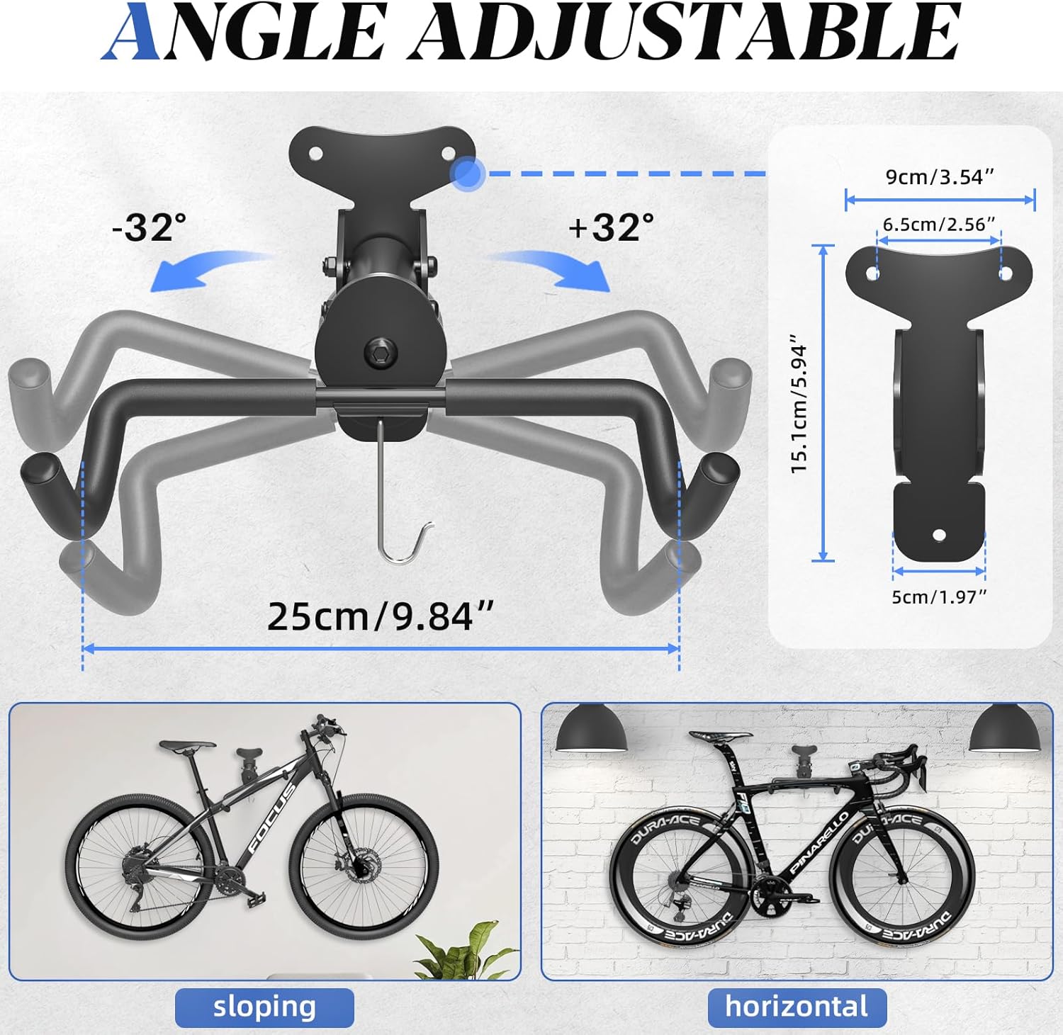 Detalle de WELDUN Bike Wall Mount with Foldable Rack & Helmet Hook – Adjustable 21–30 cm Storage for Up to 30 kg