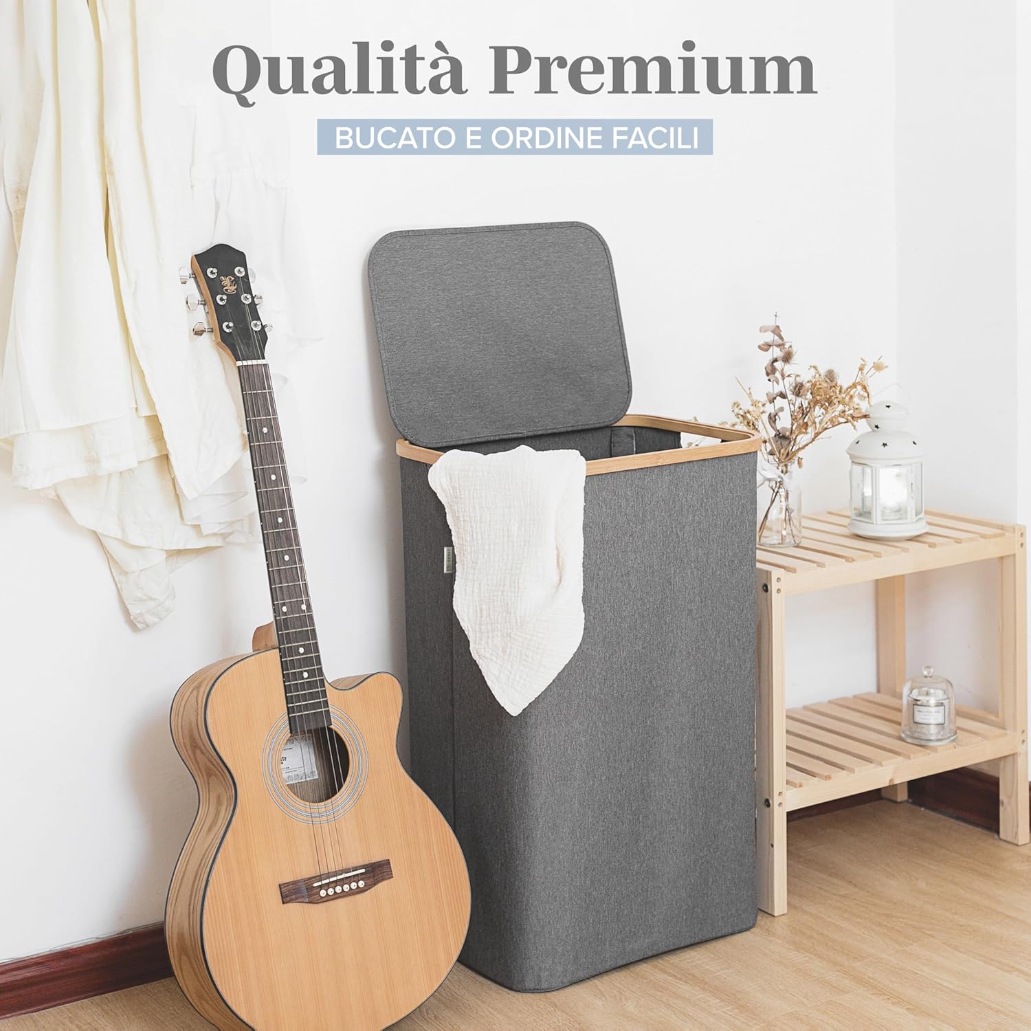 Thumbnail 6 de Lonbet cesto portabiancheria grigio XL da 100 litri con coperchio e manici