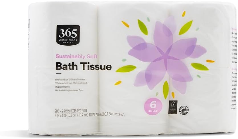 365 by Whole Foods Market Sustainably Soft Bath Tissue – 6 Count, 286 Sheets per Roll