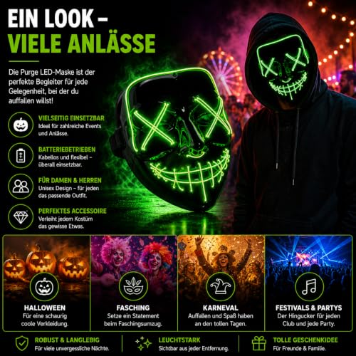Detalle 1 de Costumed Purge LED-Maske in Grün mit steuerbaren Leuchtmodi für Halloween