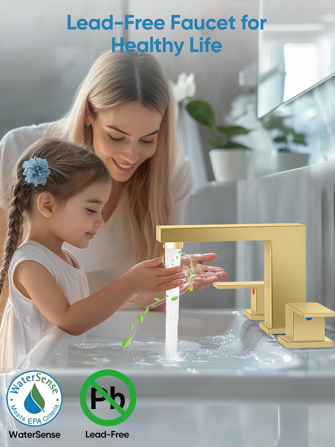 Detalle de Cobbe CB-11004G Widespread Bathroom Faucet, Brushed Gold Stainless Steel