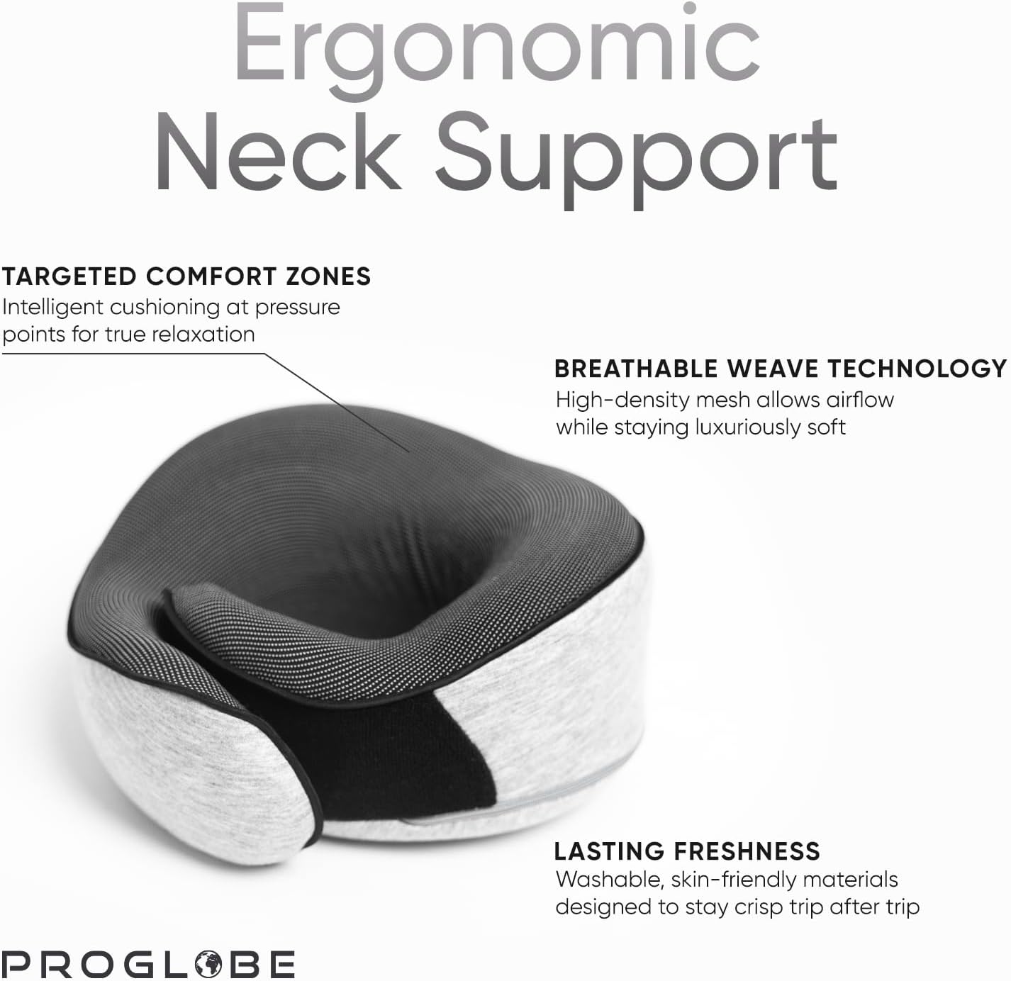 Detalle de Proglobe Travel Pillow Set: Memory Foam Neck Pillow with Eye Mask, Earplugs & Mesh Bag (Grey)