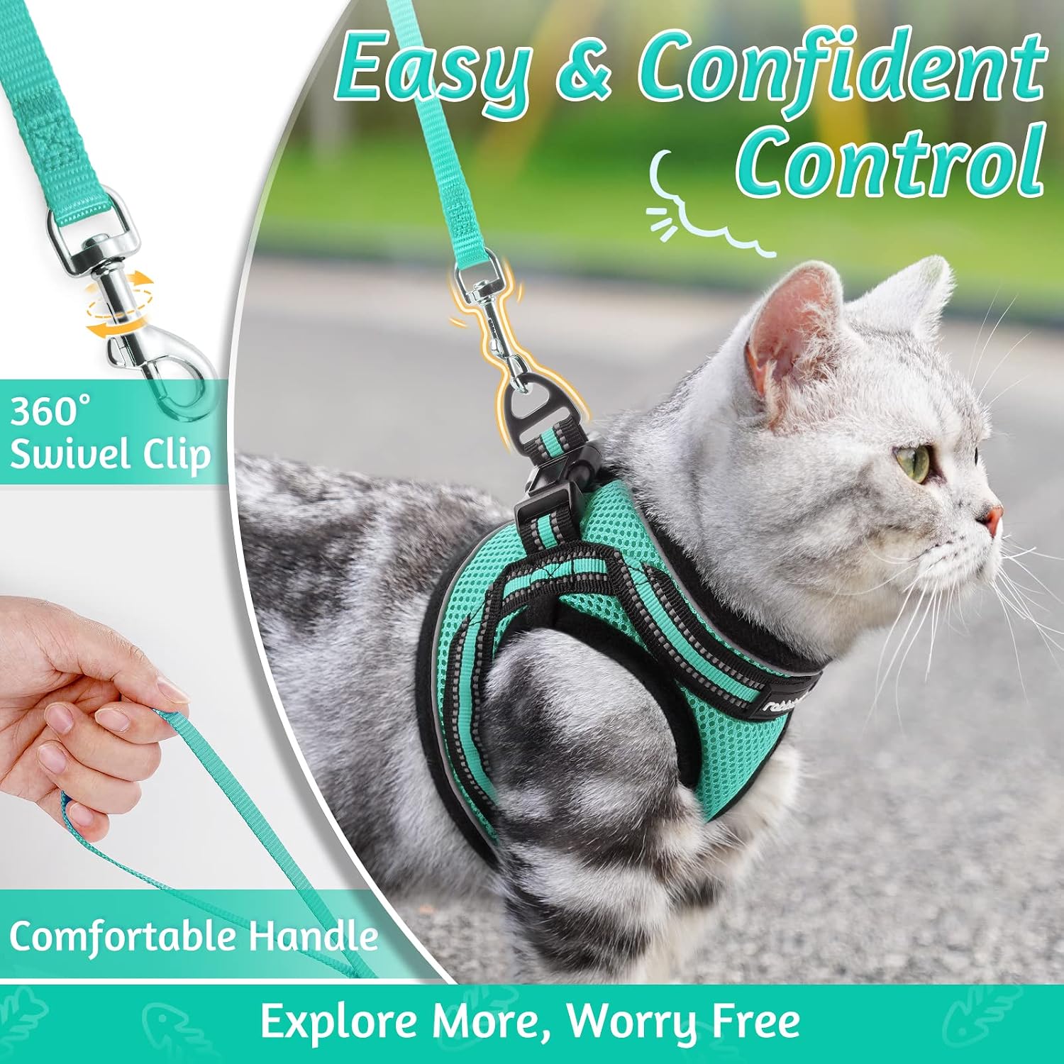 Detalle 2 de rabbitgoo Cat Harness and Leash Set (Escape Proof, Reflective Strip) – Adjustable Soft Vest Harness, Green, Size M