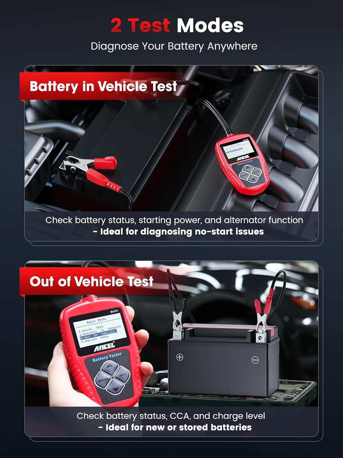Detalle 2 de ANCEL BA101 12V Car Battery Tester, 100–2,000 CCA, Charging and Cranking Tests
