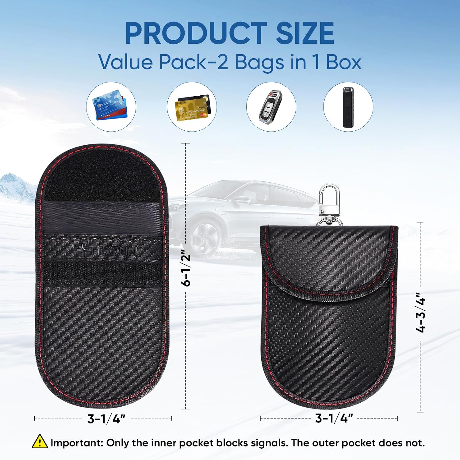 Thumbnail 4 de TICONN 2PK Faraday Bags for Car Keys Fob (3.25" x 4.75"), Dual-Layer Signal Blocker with Carbon Fiber Texture