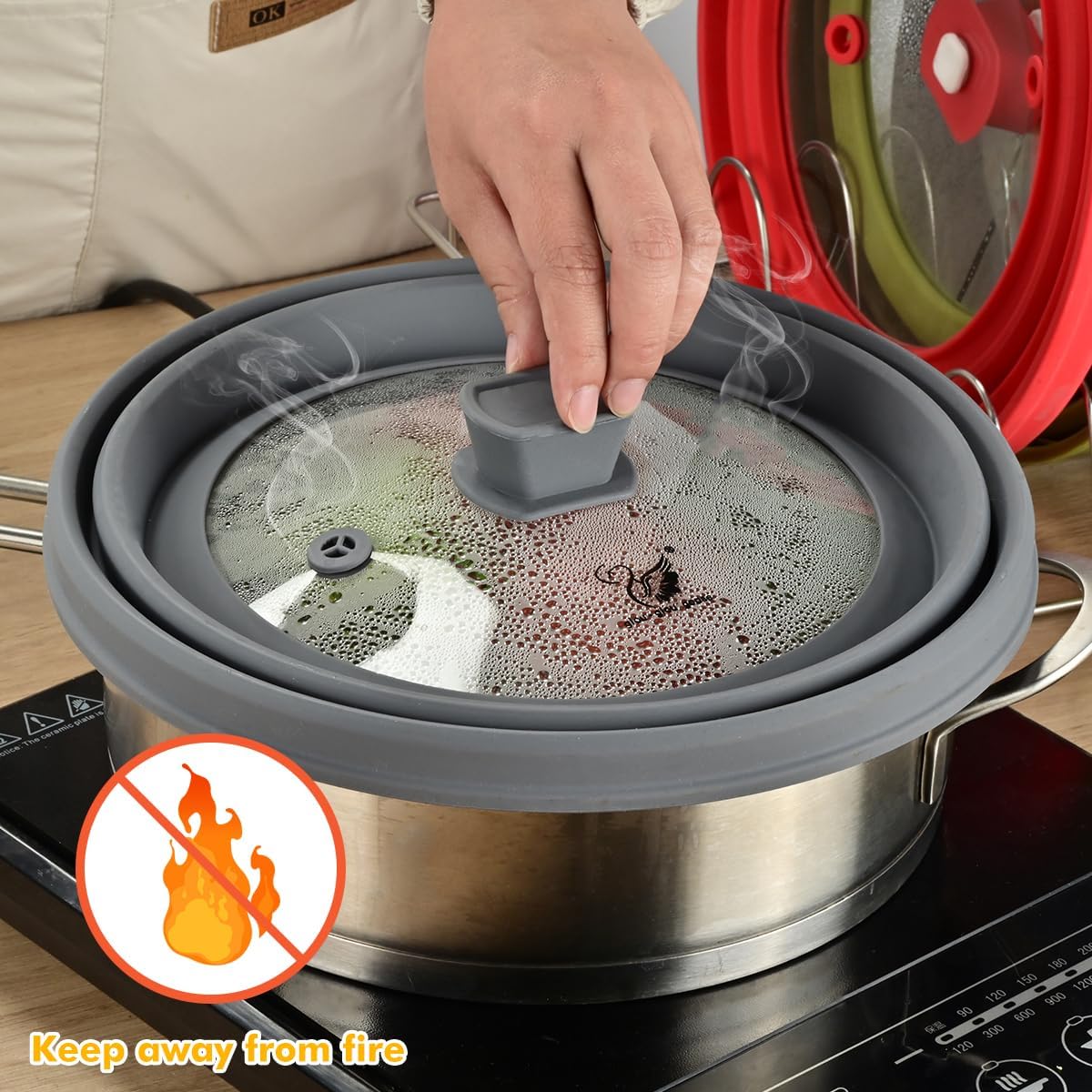 Detalle de Microwave Splatter Cover Glass Splatter Guard Lid with Collapsible Silicone Handle (10.8 inch, Light Grey)