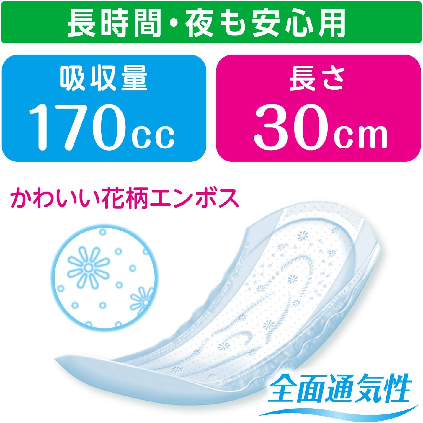 Detalle 2 de ポイズ 吸水パッド 170cc・12.0cm×30.0cm 長時間・夜用 16枚×9パック