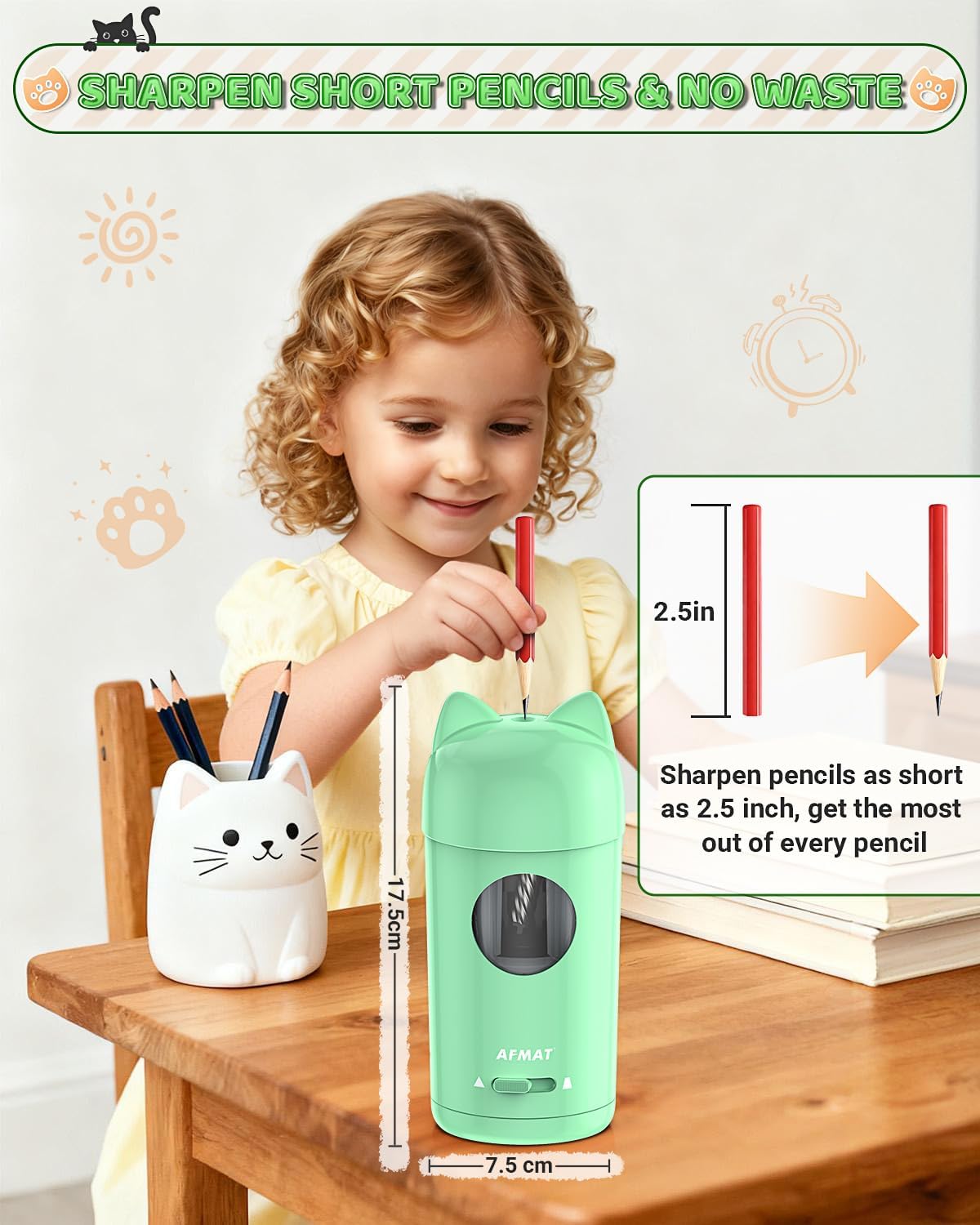 Thumbnail 2 de AFMAT Fully Automatic Electric Pencil Sharpener with Cat-Ear Design (Green PSX9) for 7–8mm Pencils