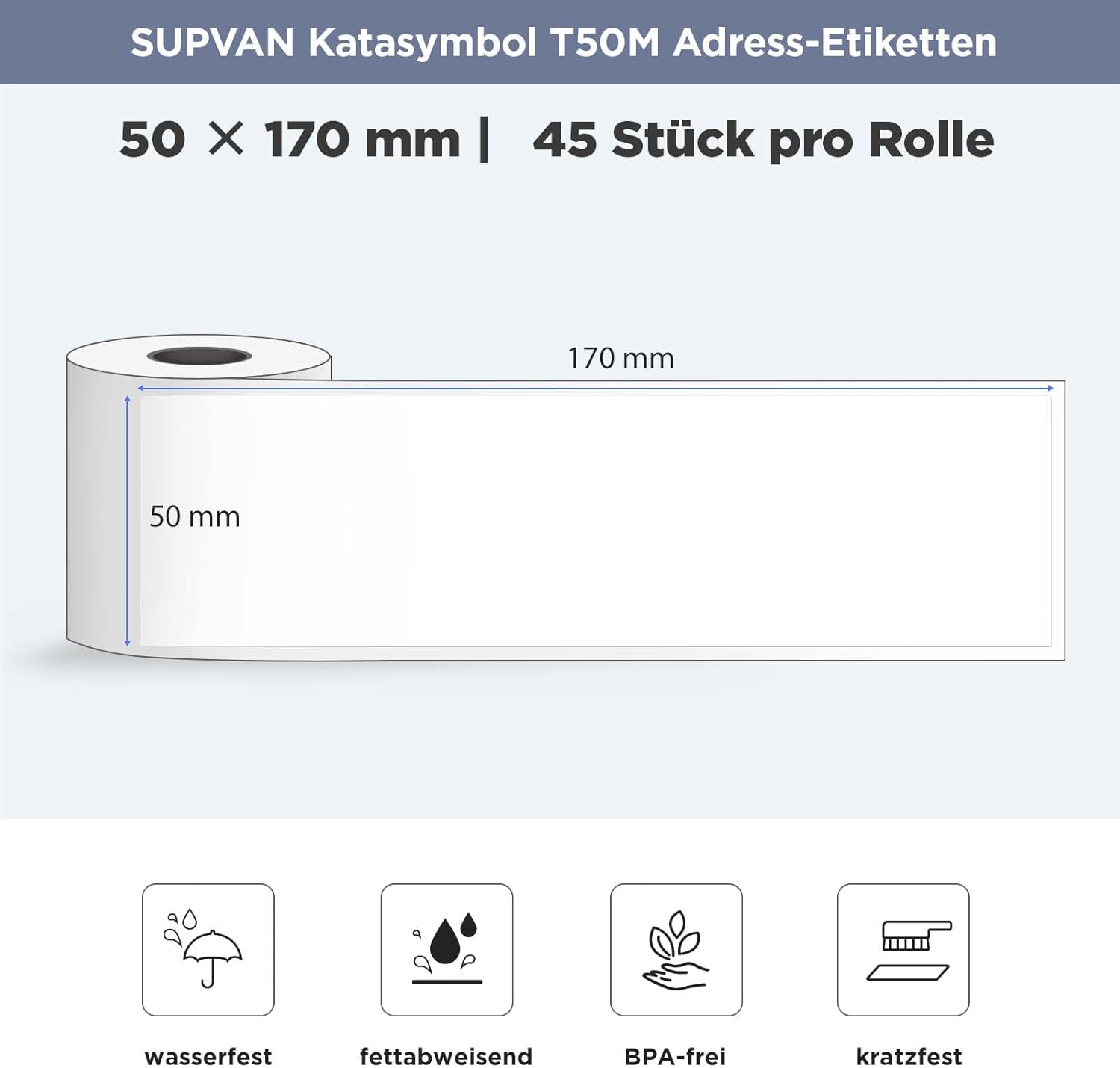 Thumbnail 1 de SUPVAN Etiketten selbstklebend wasserfest für T50M Etikettendrucker, 50 mm x 170 mm – 45 Blatt pro Rolle