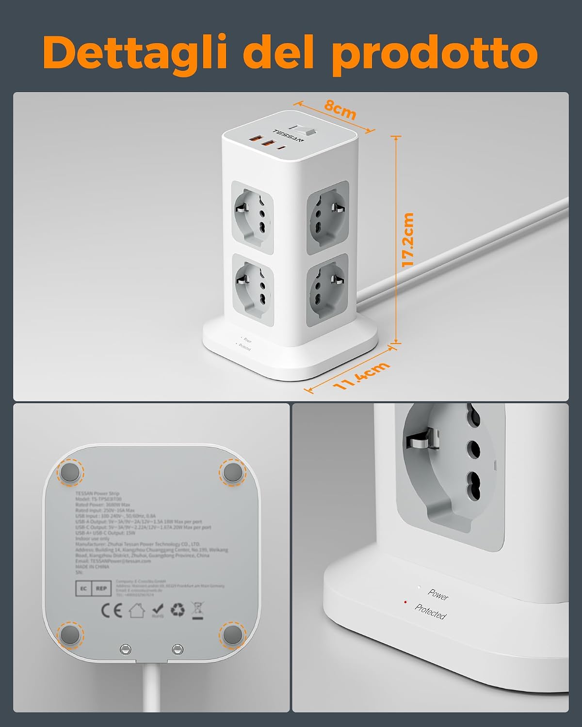Detalle de TESSAN ciabatta multipresa verticale con 8 prese IT e USB 20W (3680W) con protezione da sovratensione