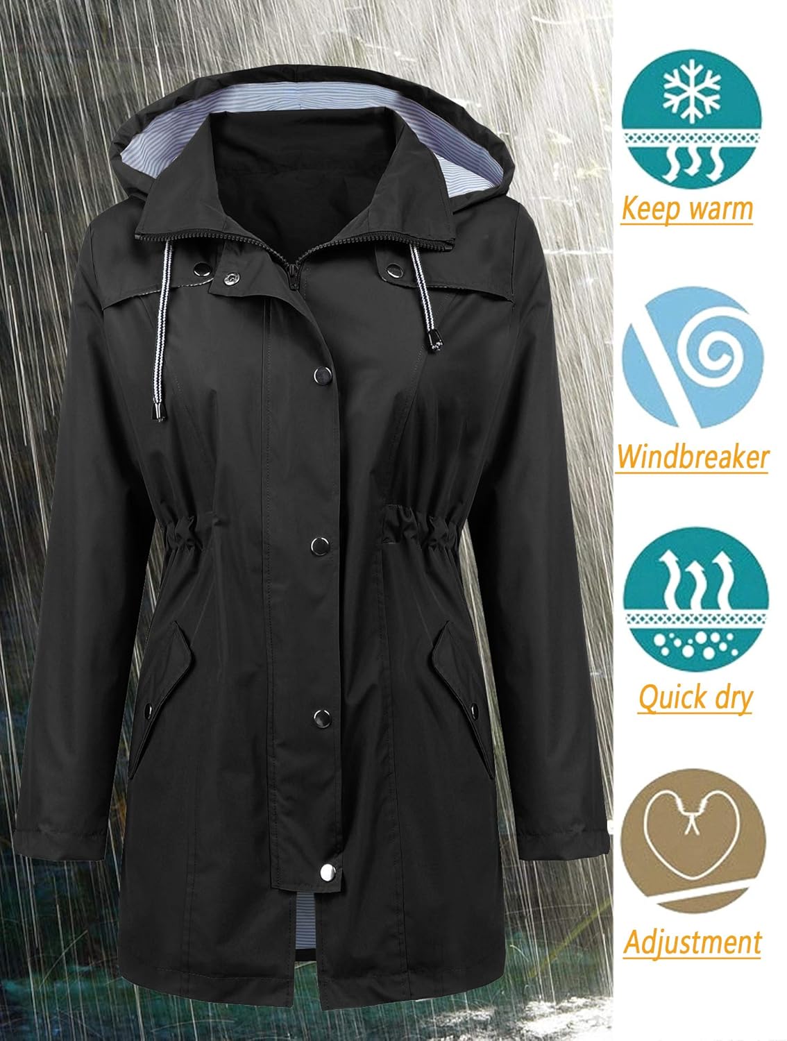 Detalle 2 de LOMON Women's Waterproof Long Hooded Raincoat: Lightweight, Breathable & Packable