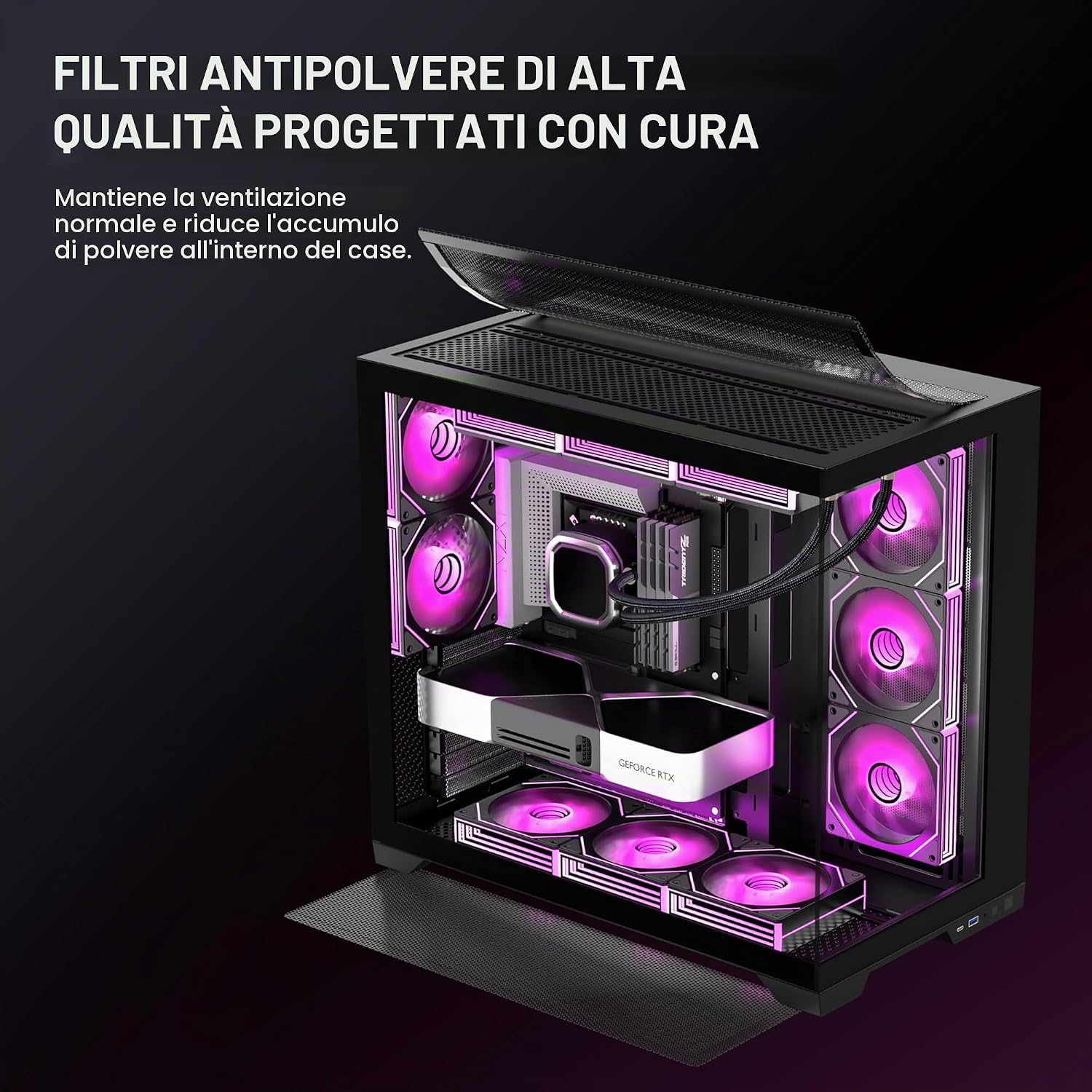 Detalle de ANSAITE Case PC ATX con 9 ventole PWM ARGB preinstallate – Mid-Tower con vetro temperato e supporto radiatore 360 mm