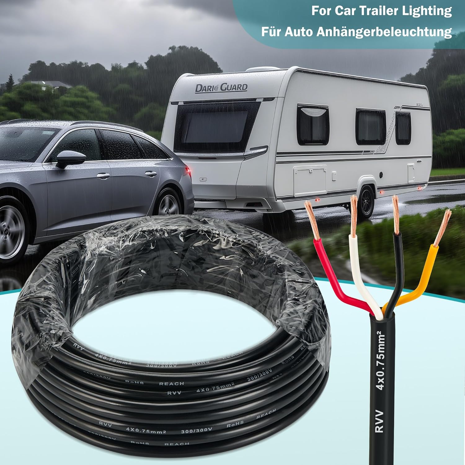 Detalle de DARKGUARD 4 Core Trailer Cable 0.75mm², 5M – 12V/24V LED Wiring for Trailers, Caravans and Outdoor use